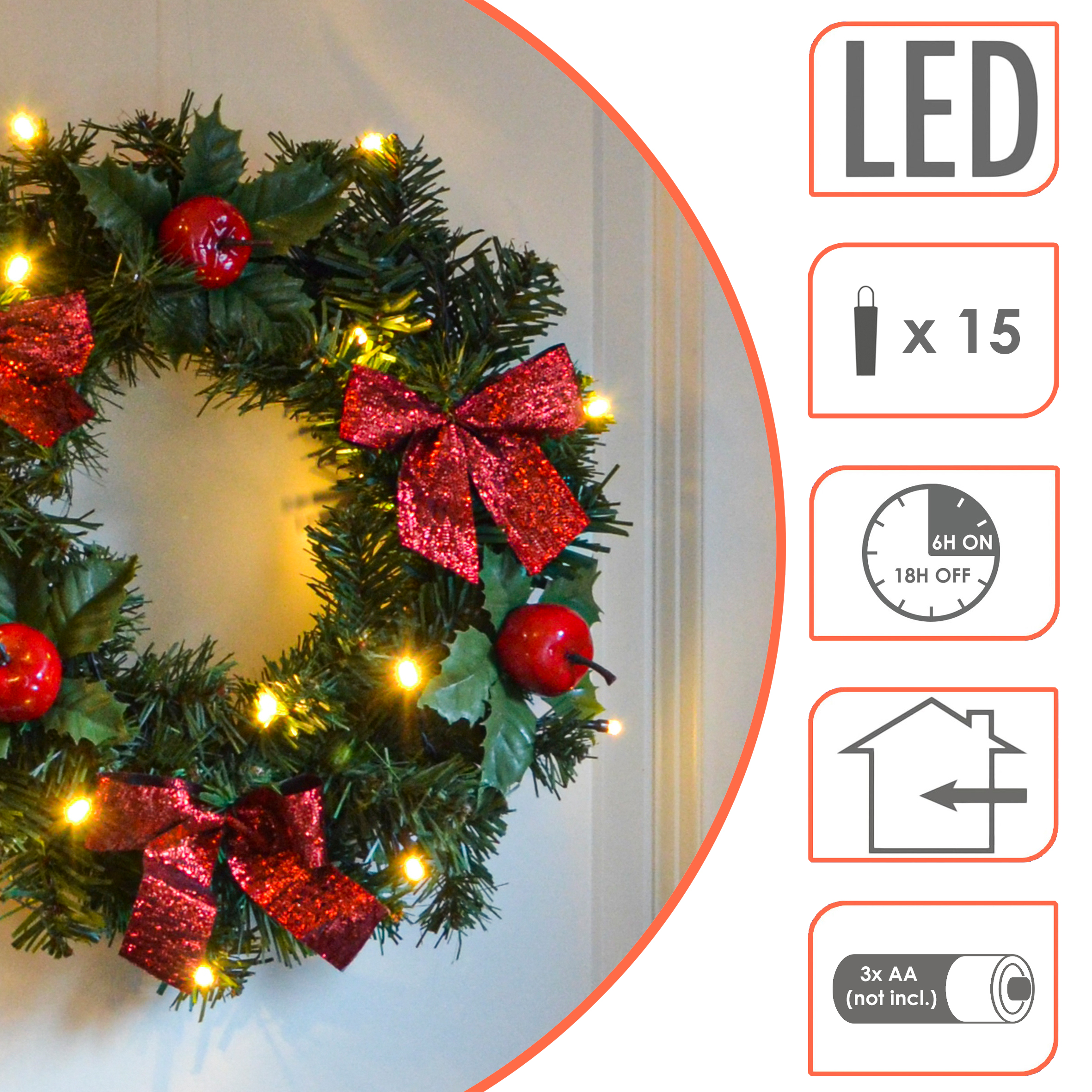 LED Kunst Tannenkranz grün warm weiß beleuchtet mit Timer - Ø 28 cm - Weihnachtskranz mit Dekoration Batterie betrieben