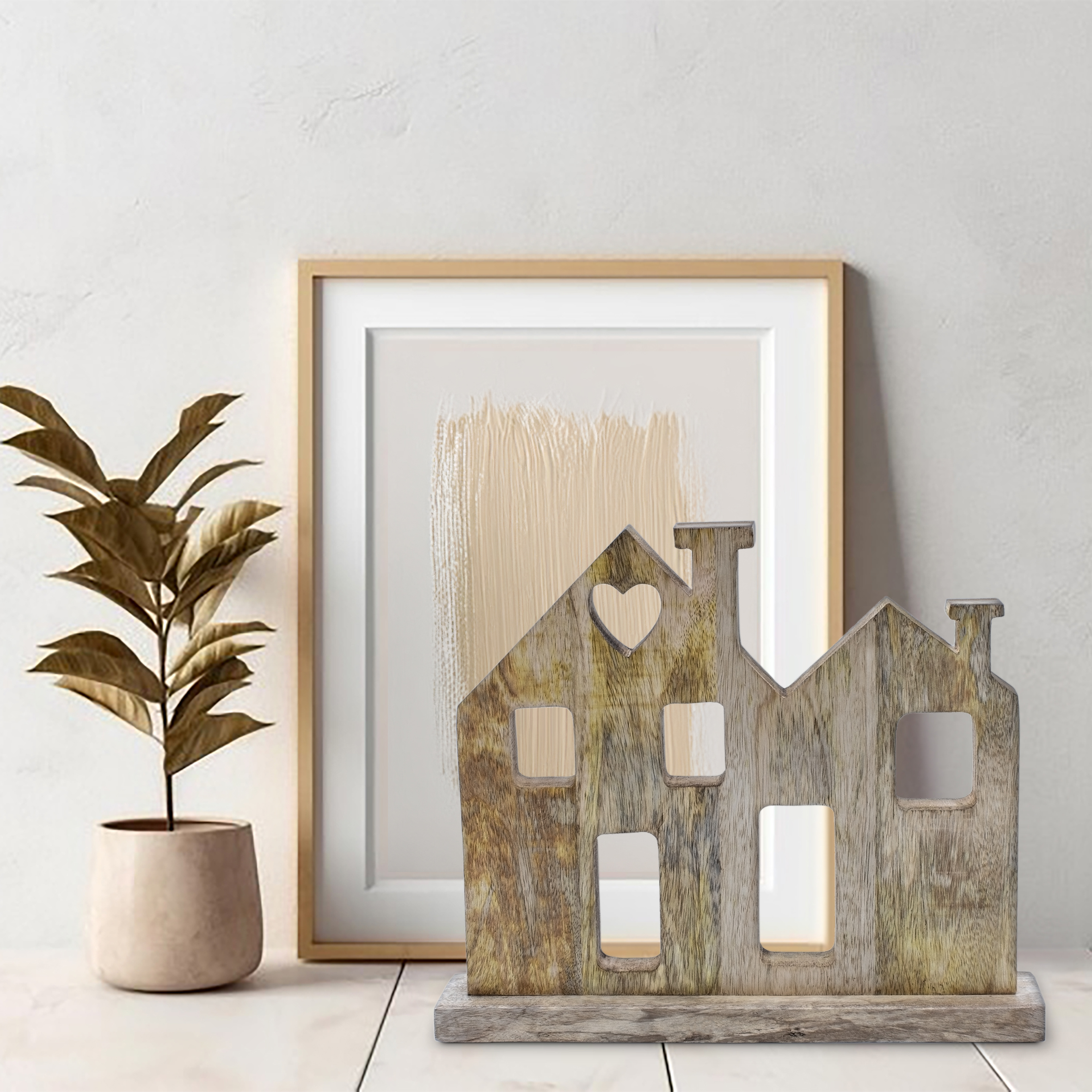 Deko Aufsteller Haus aus Mangoholz - 35 cm - Holz Silhouette auf Fuß zum Aufstellen