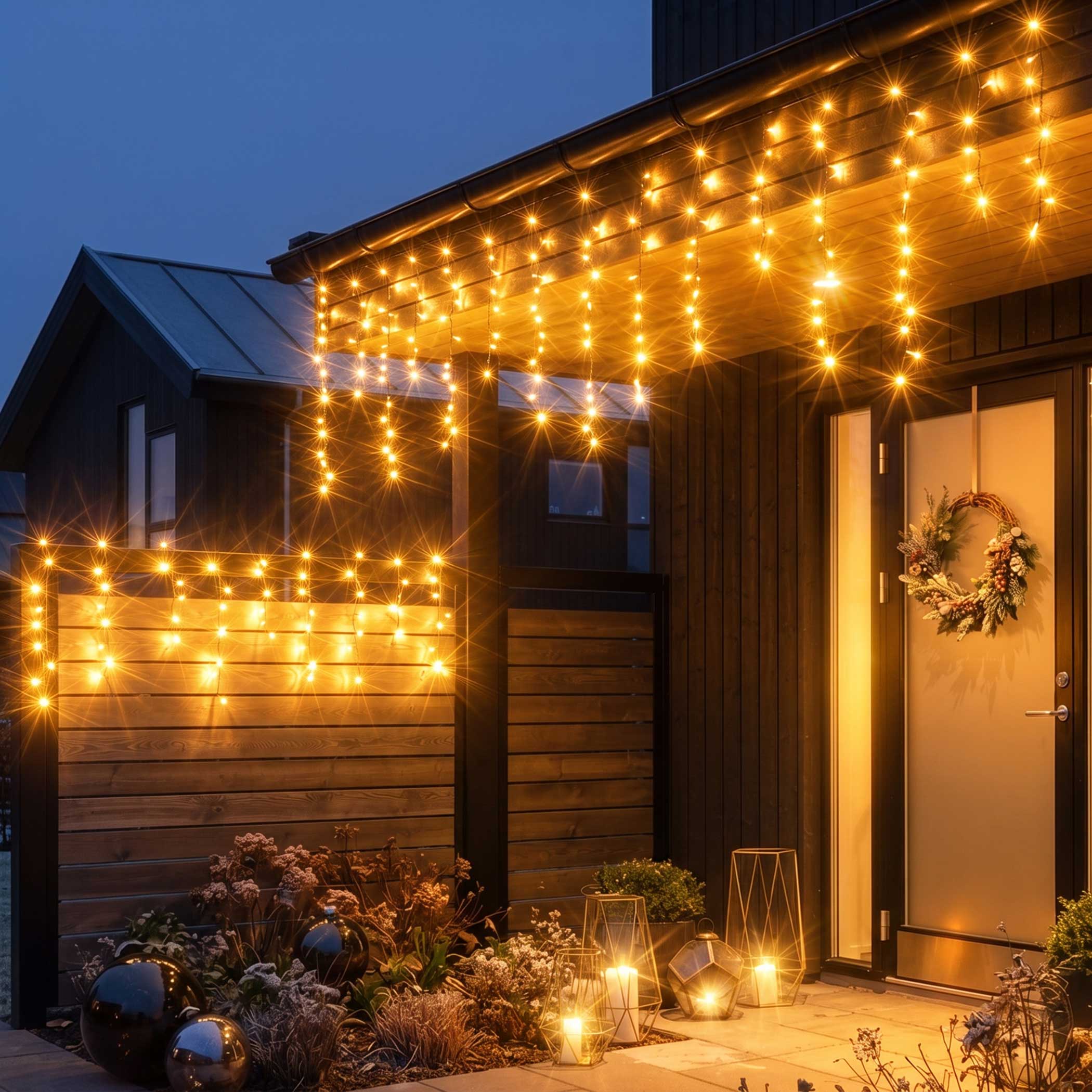 Eisregen Lichtervorhang warm weiß für Außen mit Stecker - 256 LED / 3,75 m - Eiszapfen Lichterkette mit 16 Lichtfäden flexibel erweiterbar