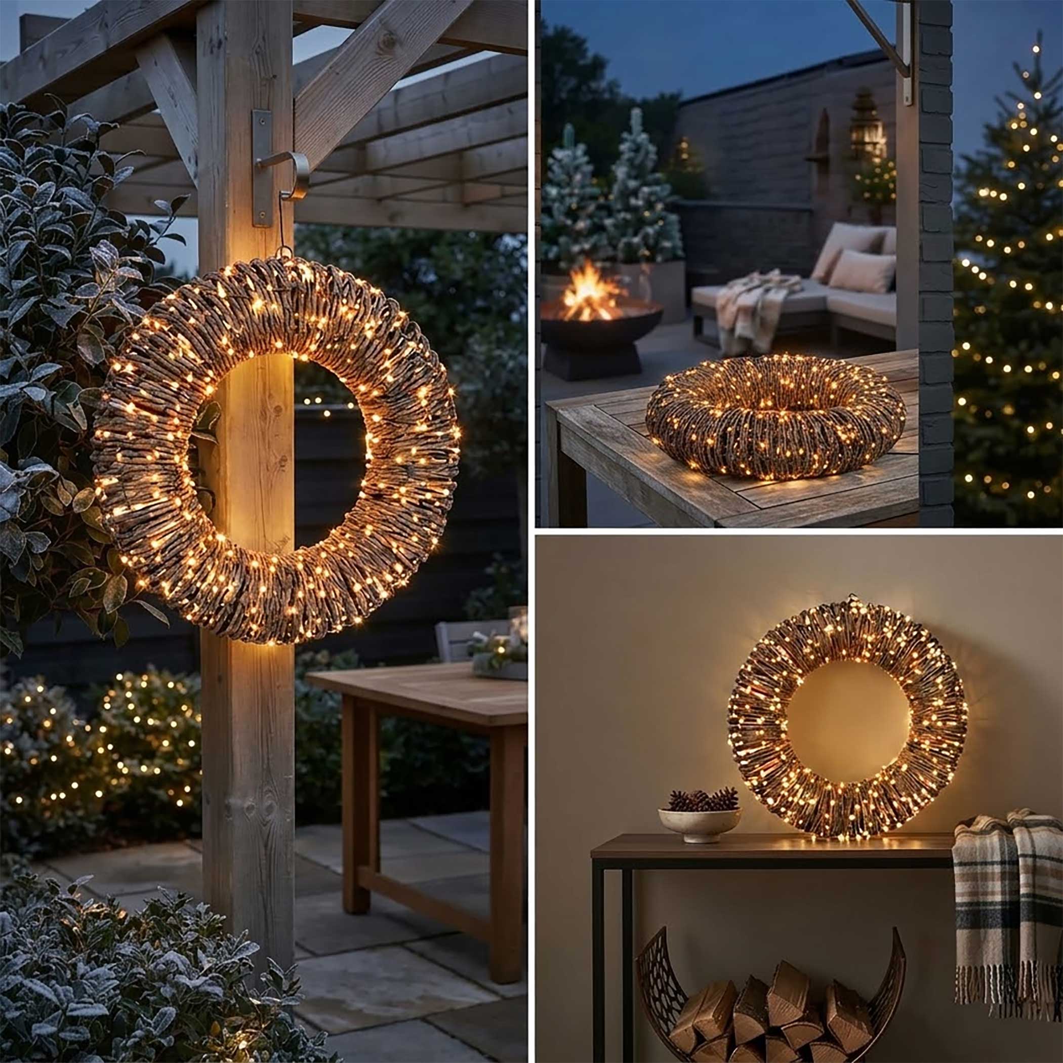 LED Rattankranz mit Twinkle Effekt für Außen mit Timer - 38 cm - Türkranz mit 400 flashing LEDs in extra warm weiß
