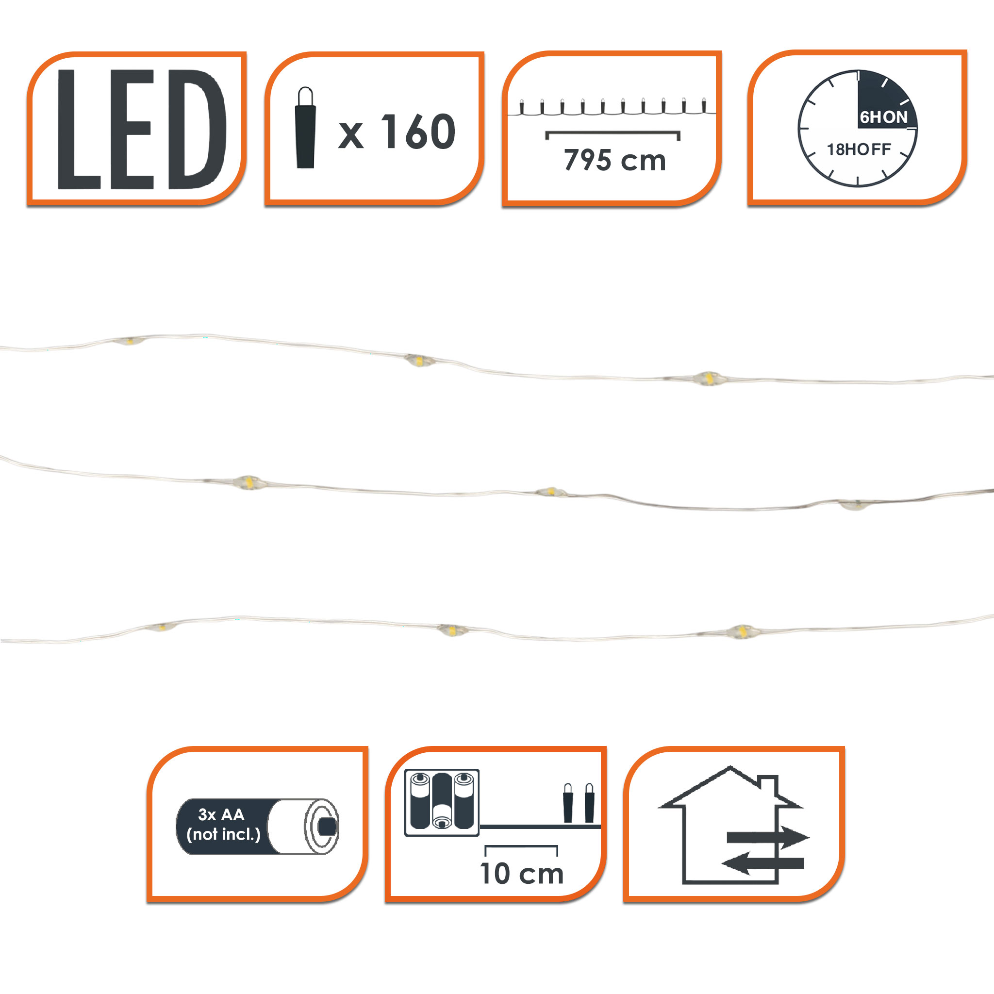 Draht Lichterkette 160 LED / 795 cm - warm weiß - Deko Beleuchtung für Außen und Innen