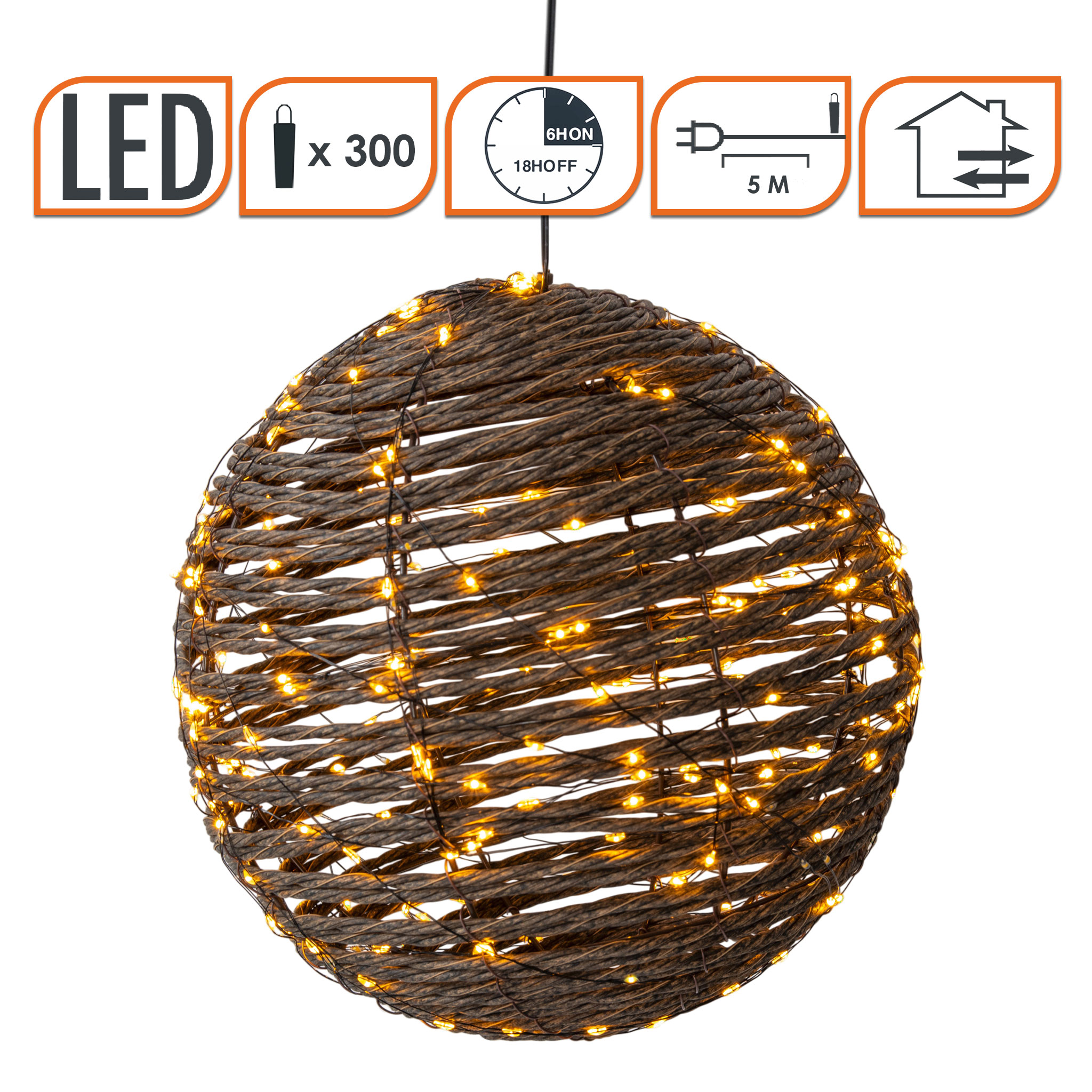 LED Rattan Leuchtball für Außen mit Timer und Twinkle-Effekt - 25 cm - Leuchtkugel mit 300 flashing LEDs in extra warm weiß