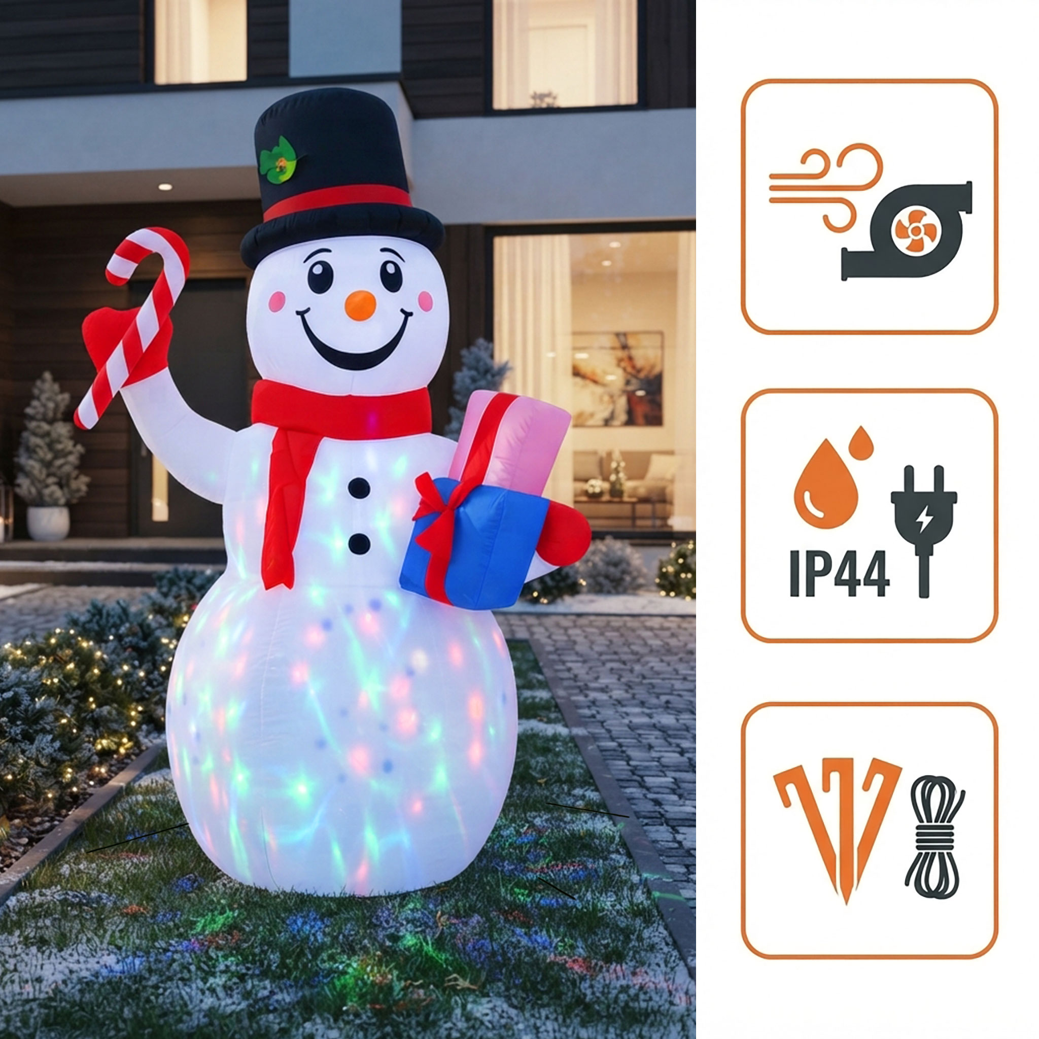 Aufblasbarer XL Schneemann mit LED Beleuchtung und Stecker für Außen und Innen - 200 x 130 cm - Riesen Schneefigur selbstaufblasend bunt beleuchtet