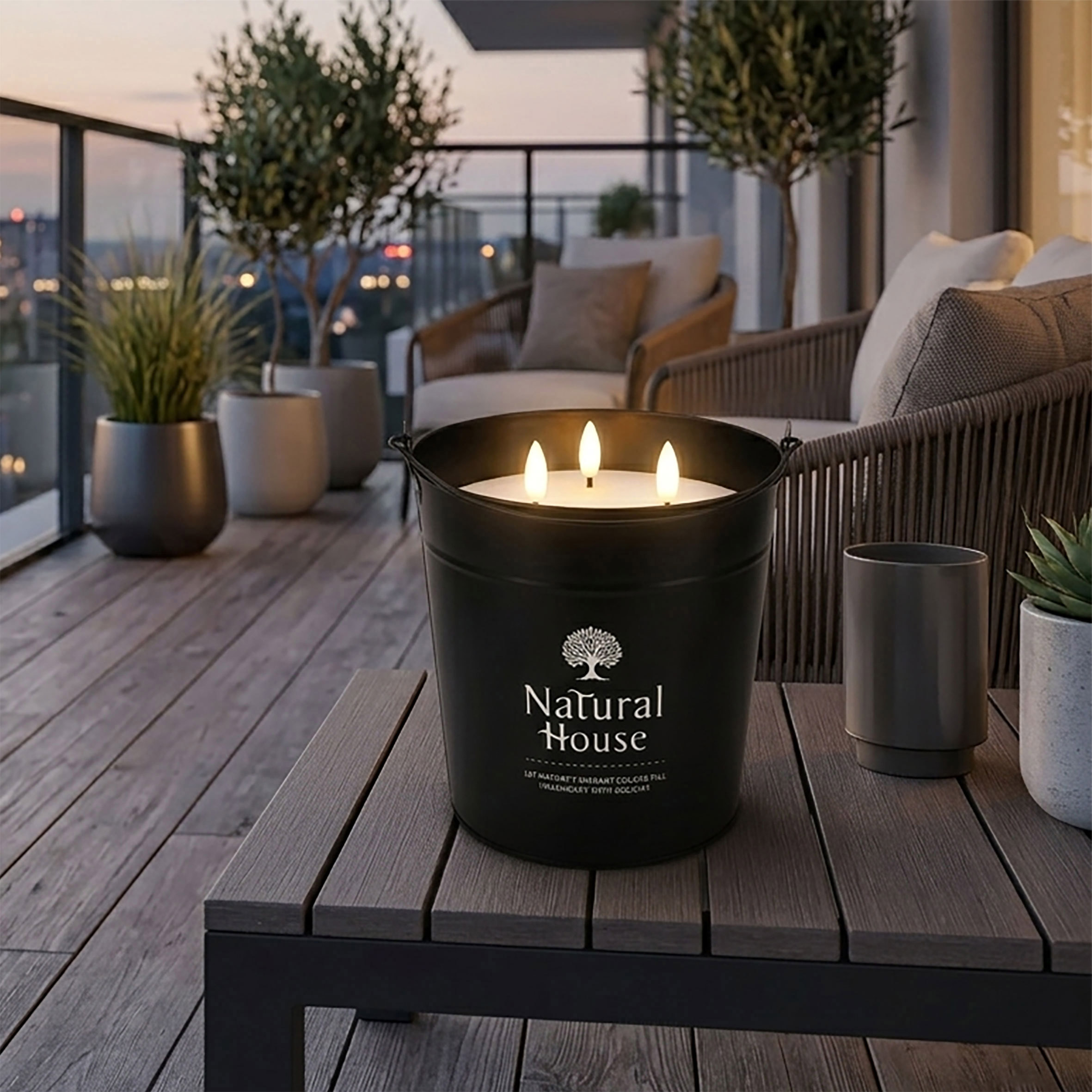 Solar LED Outdoor Kerze im Metall Eimer - 20 x 17,5 cm - Flammenlose 3 Docht Kerze warm weiß