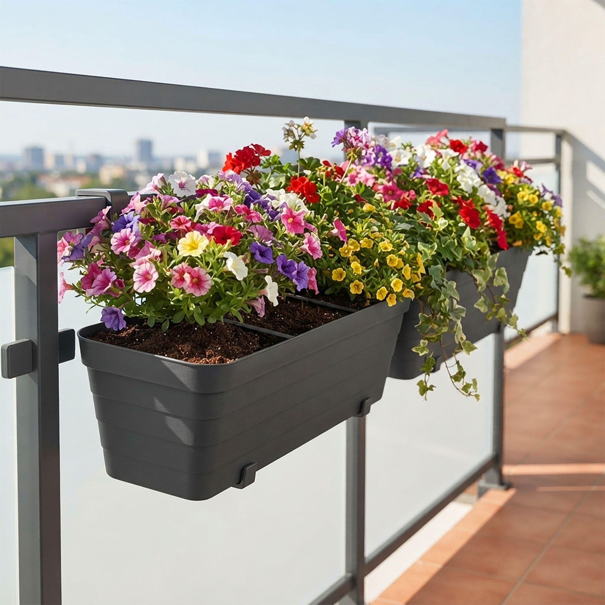 Balkon Blumenkasten Bewässerungssystem 60 cm - 2er Set- Kunststoff Geländer Pflanztopf in anthrazit