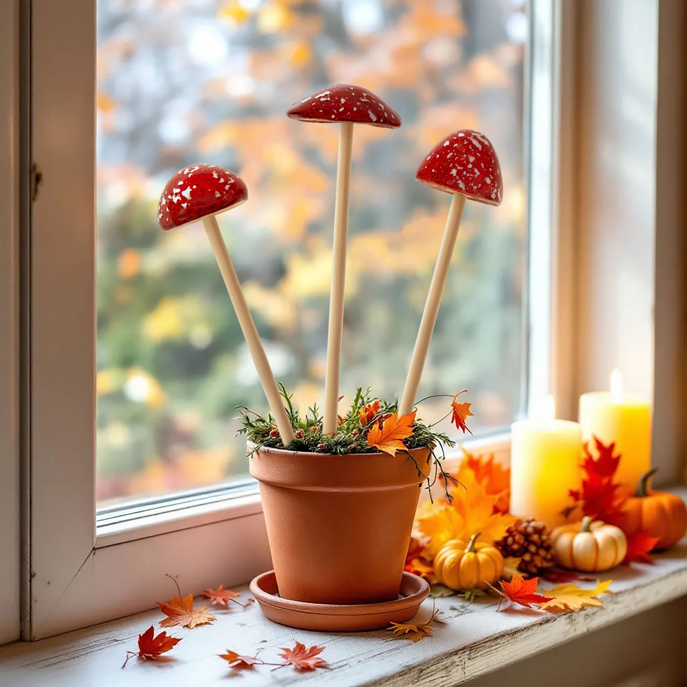 Steingut Deko Pilz Gartenstecker 24 x 6 cm - 3er Set - Fliegenpilz Blumenstecker zur Herbstdeko