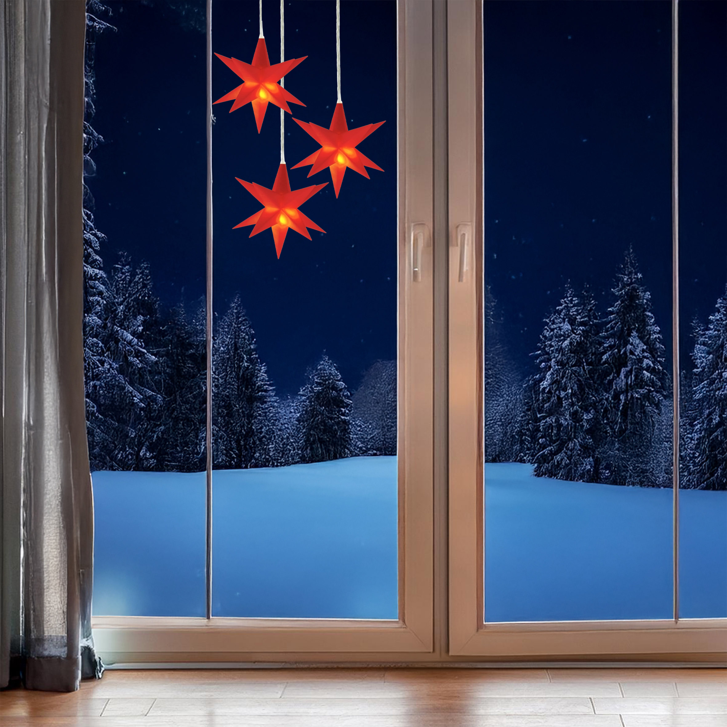 3D Weihnachtsstern 12 cm warm weiß Beleuchtet - weiß oder rot / 1 oder 3 Stück - LED Fenster Deko Leuchtstern mit Timer Batterie betrieben