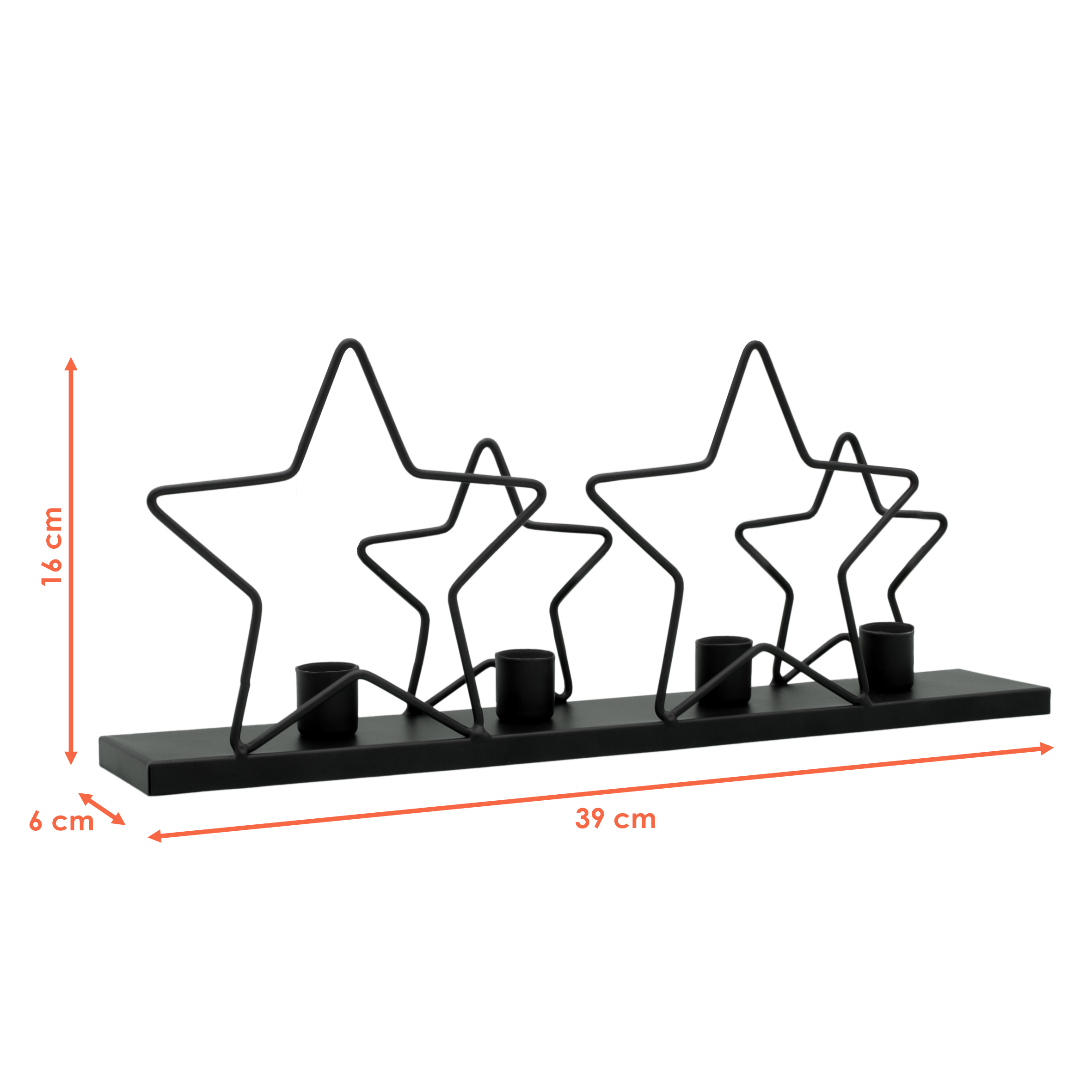 Metall Kerzenständer mit Sternen schwarz - 39 x 16 cm - Advents Kerzenhalter für 4 Stabkerzen