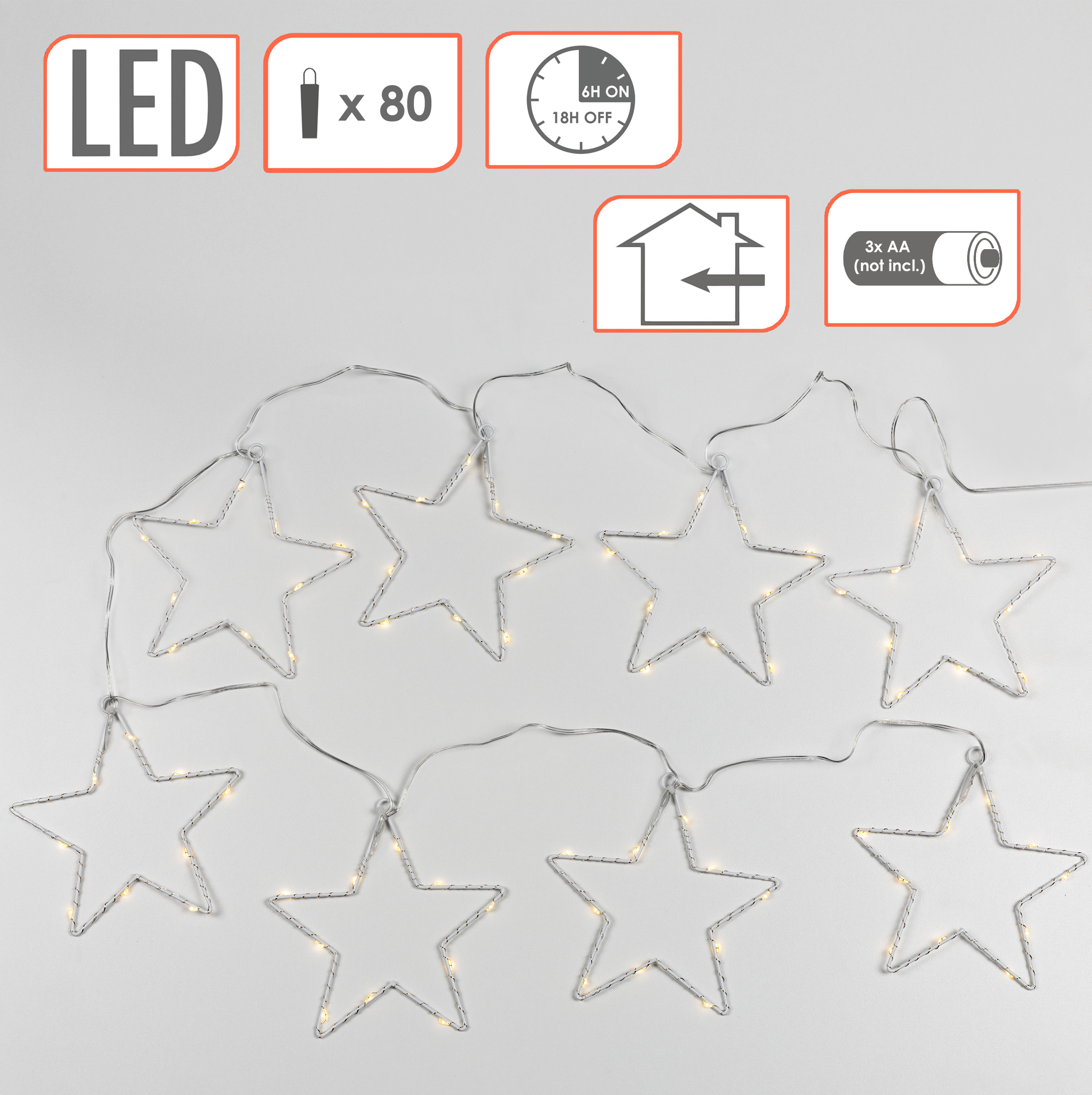 Lichterkette mit 8 LED Sternen warm weiß - 200 cm - Weihnachts Deko Beleuchtung Batterie betrieben