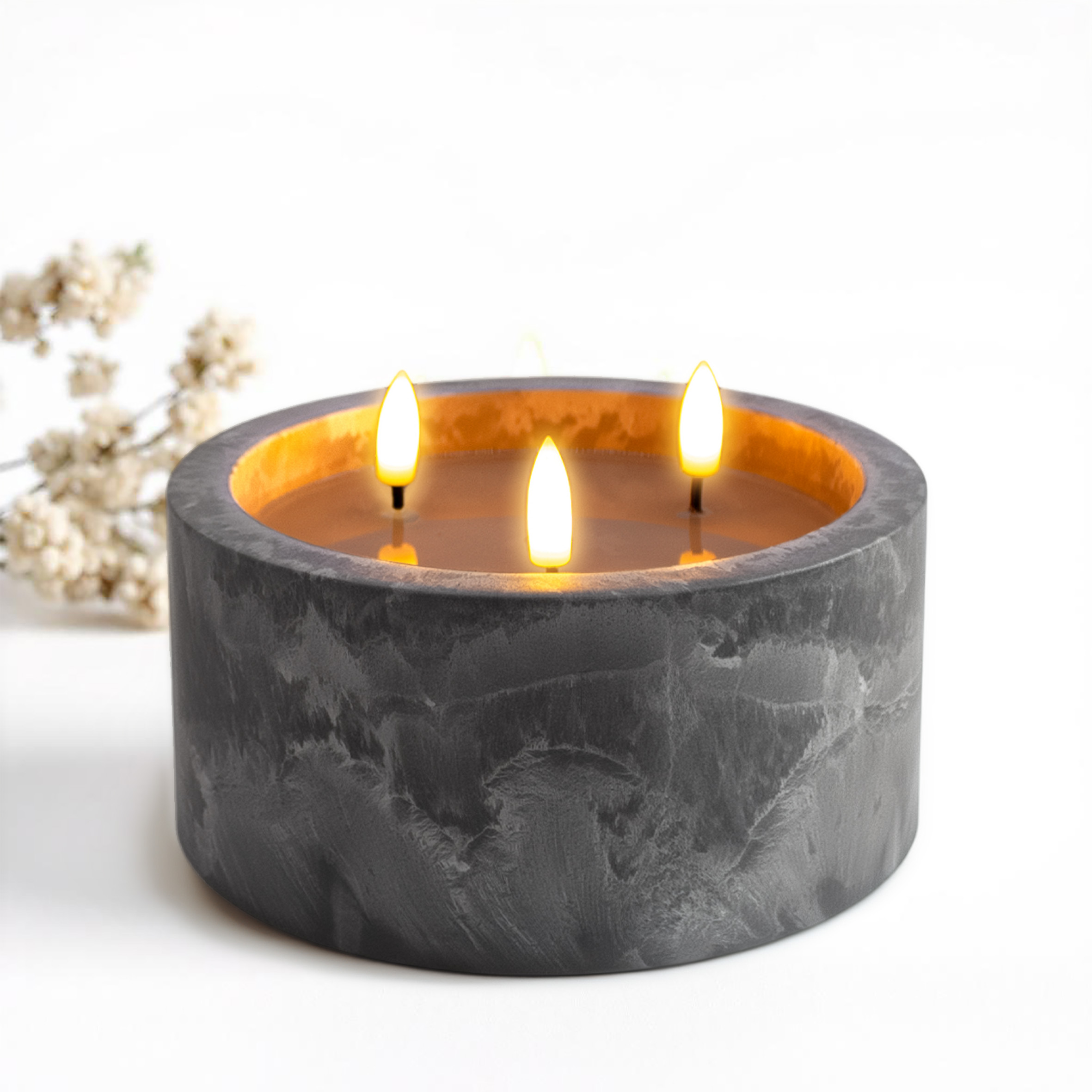 LED 3-Docht Kerze in Beton Optik mit Timer batteriebetrieben - 15 x 8 cm
