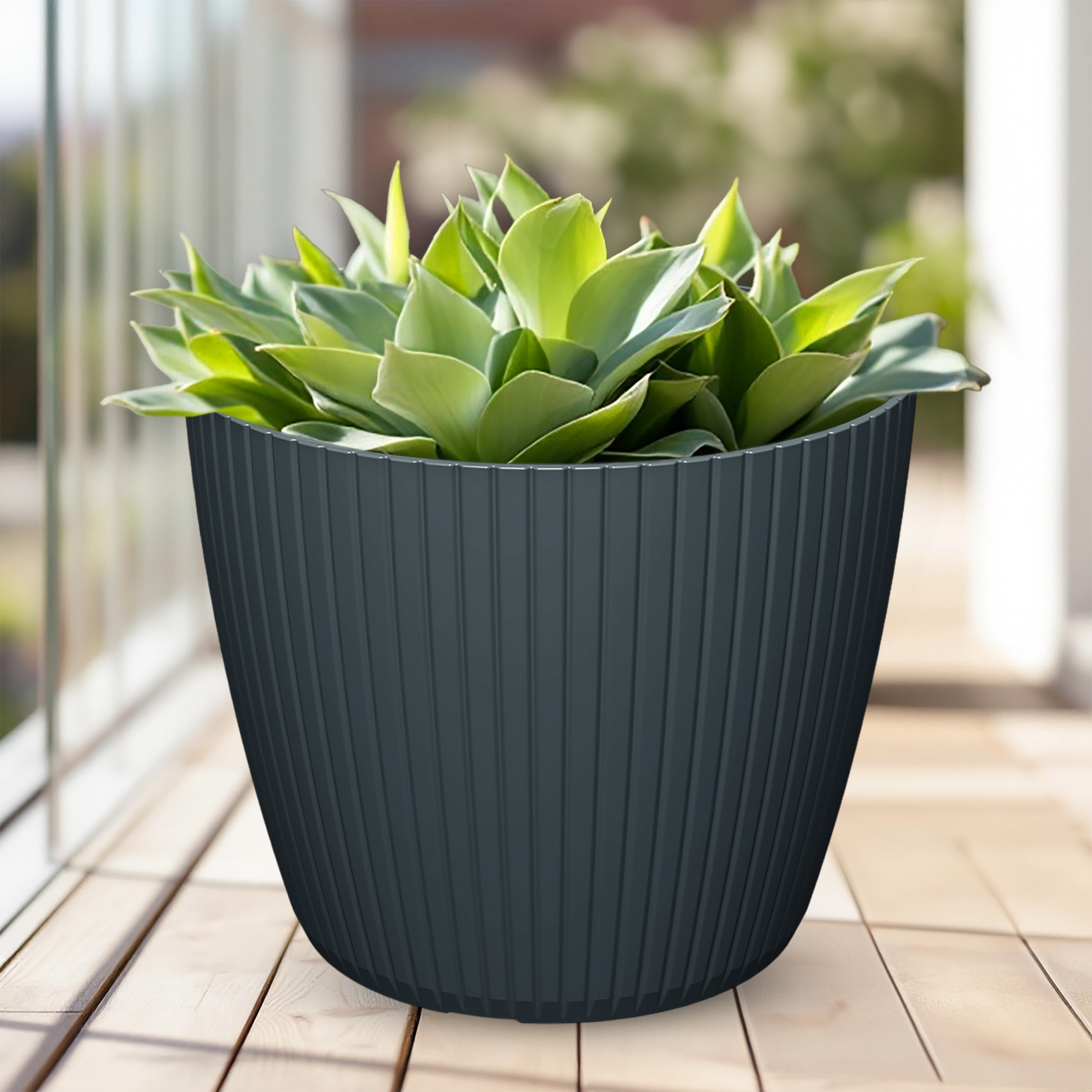 Blumenkübel im Rillen Design rund anthrazit - 38 x 32 cm - Kunststoff Pflanzkübel für Innen und Außen