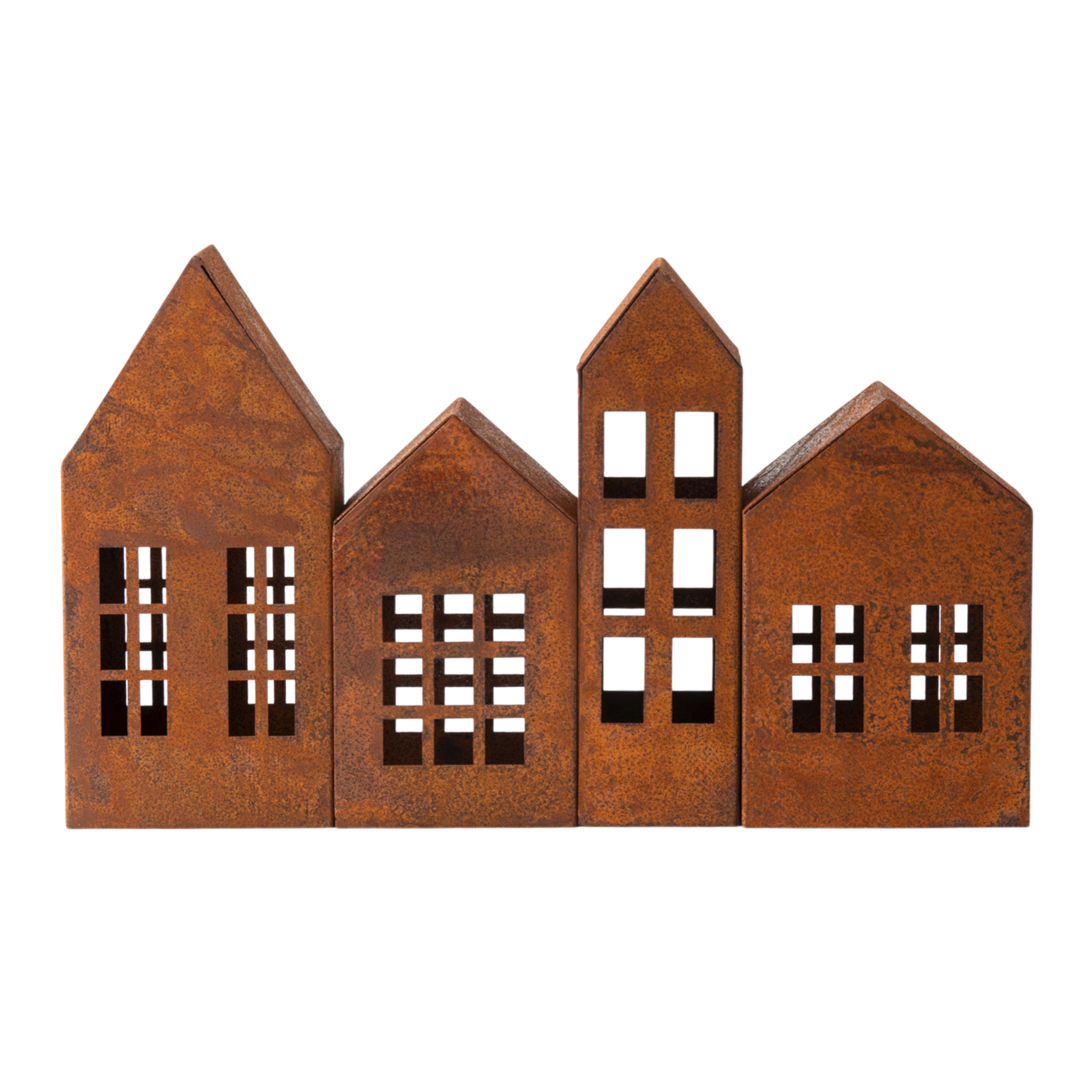 Metall Haus rotbraun mit Edelrost 4er Set - 2x 15 cm | 2x 20 cm - Weihnachtsdorf Teelichthalter mit Rost Patina