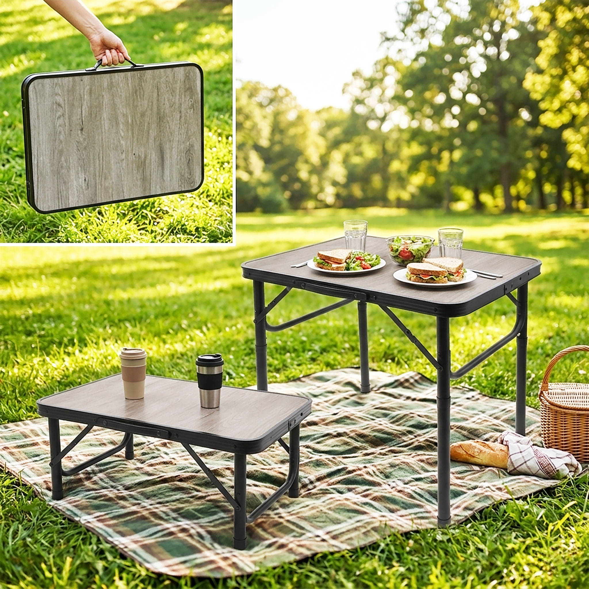 Aluminium Campingtisch in Holz Optik höhenverstellbar - 60 x 26-56 cm - Universaler Gartentisch klappbar mit Tragegriff