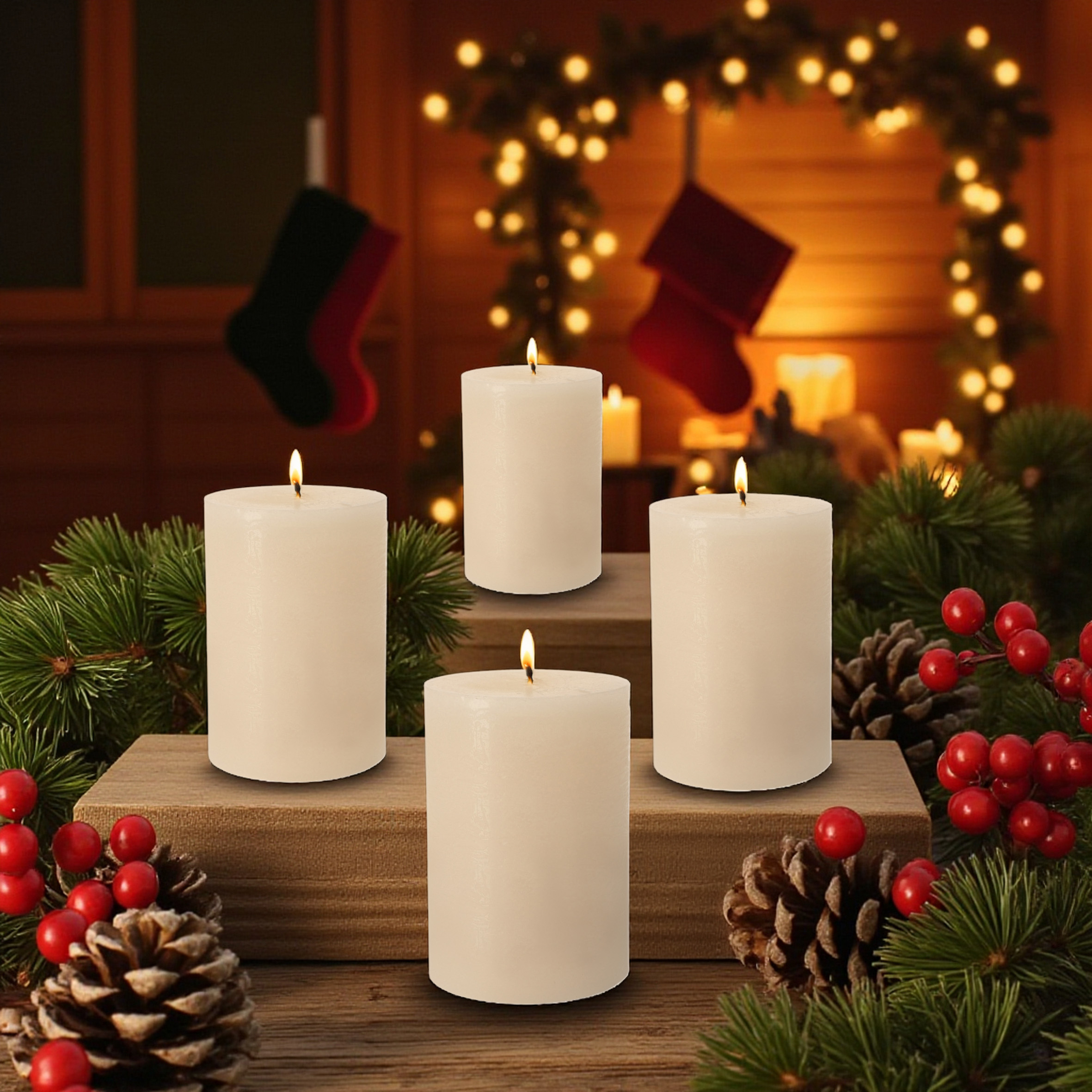 Echtwachs Stumpenkerzen 10 x 7 cm creme - 4er Set - Advents Kerzen unparfümiert 30 Stunden Brenndauer