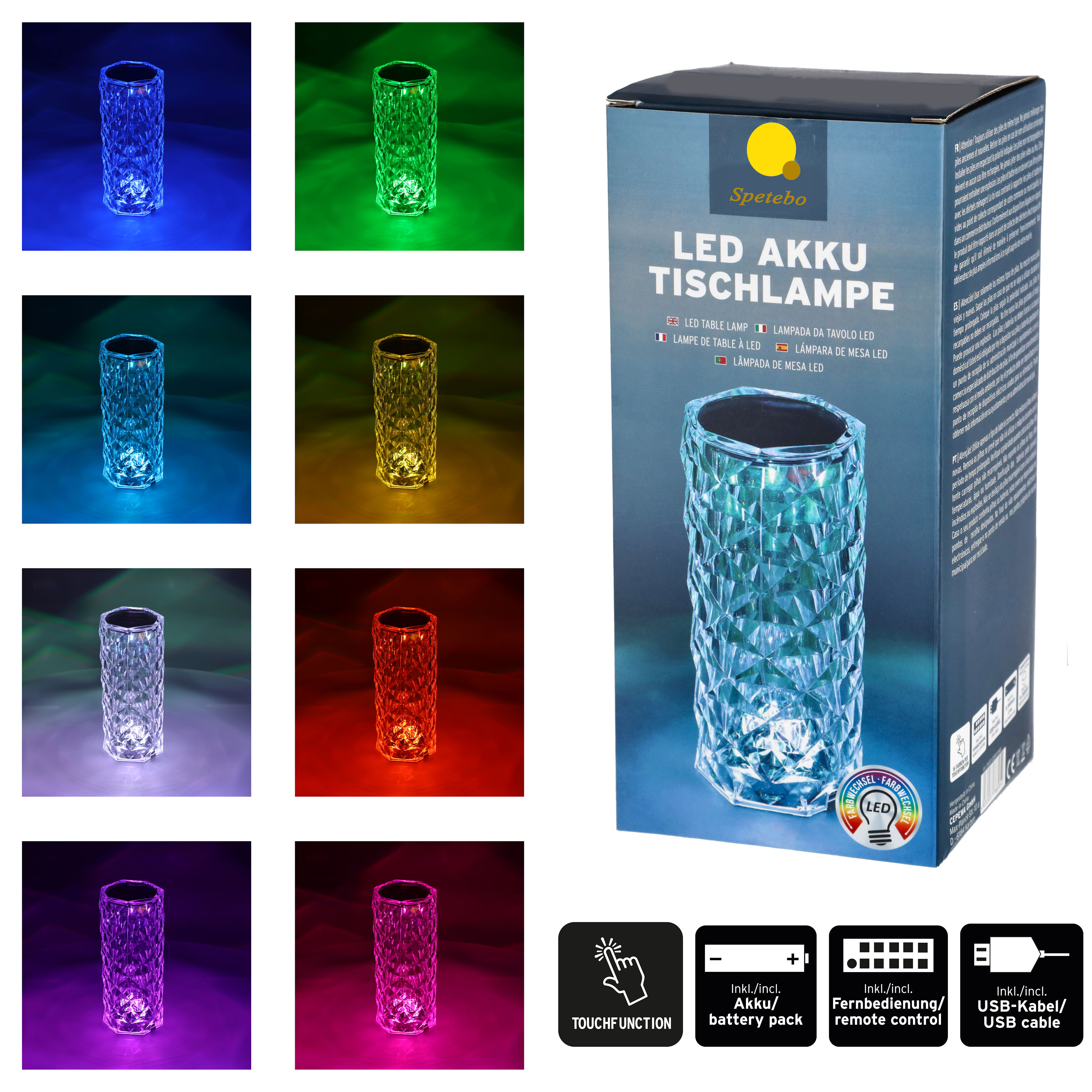LED Akku Touch Leuchte aus Acryl Kristall mit Fernbedienung - 21 x 9 cm