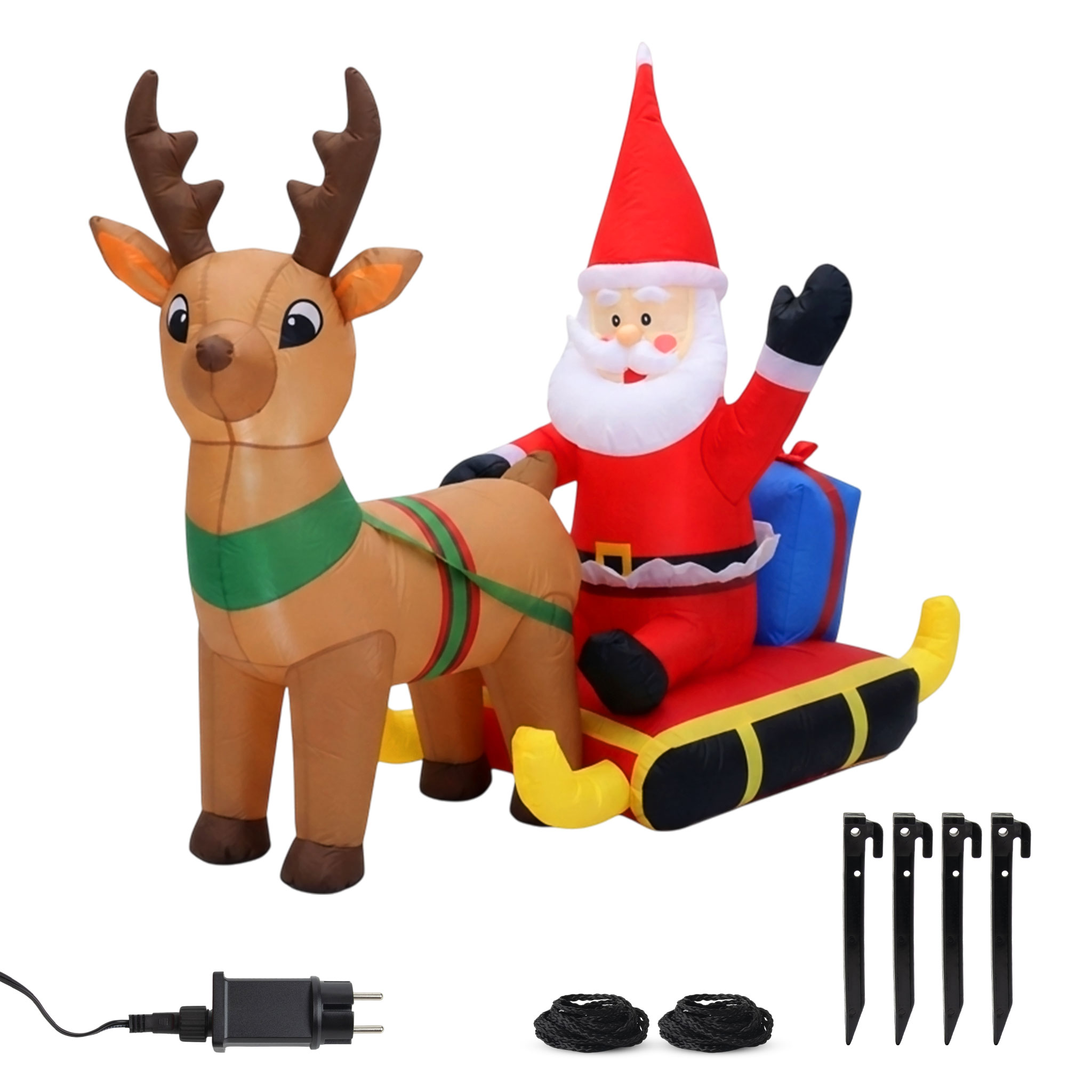 Aufblasbarer XL Rentierschlitten mit LED Beleuchtung und Stecker für Außen und Innen - 200 x 130 cm - Riesen Weihnachtsfigur selbstaufblasend bunt beleuchtet