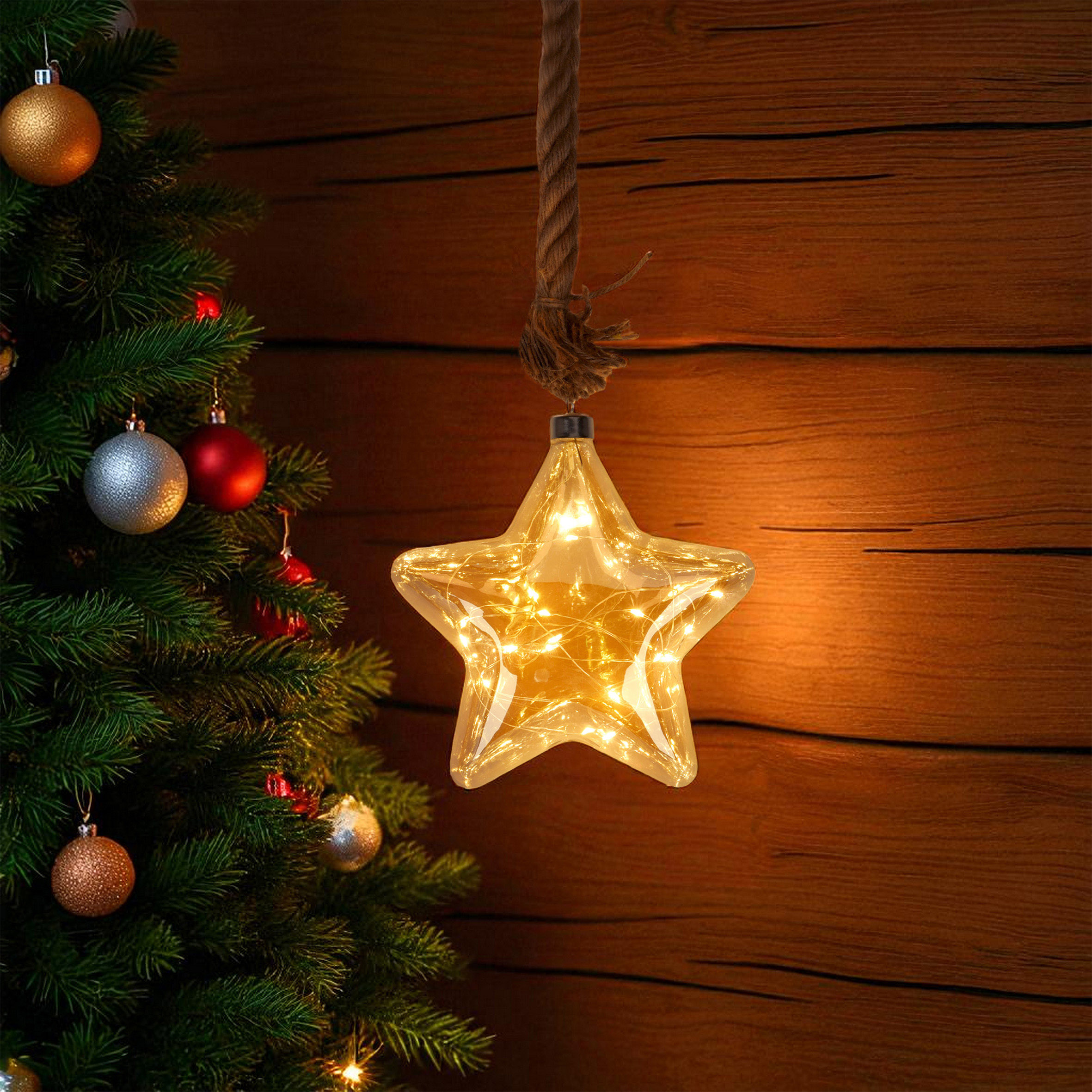LED Glas Weihnachtsstern mit Tau zum Hängen mit Timer - Ø 20 cm - Stern Dekohänger warm weiß beleuchtet Batterie betrieben
