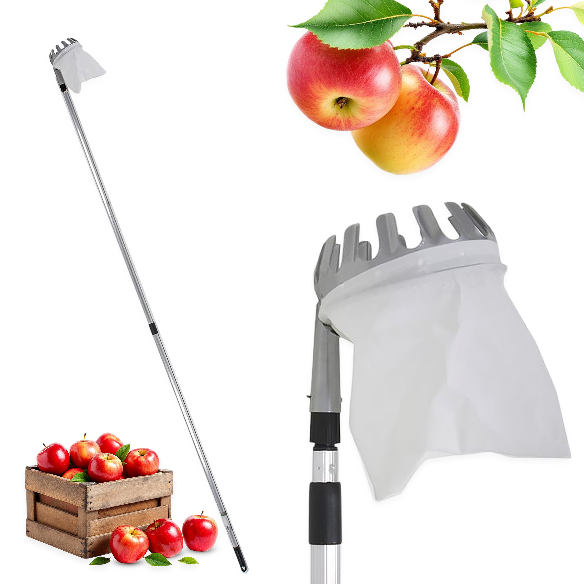 Obstpflücker mit Teleskopstiel und Fangbeutel mit Pflückkranz - ausziehbar bis 240 cm - Fruchtpflücker mit Erntebeutel und Teleskopstange