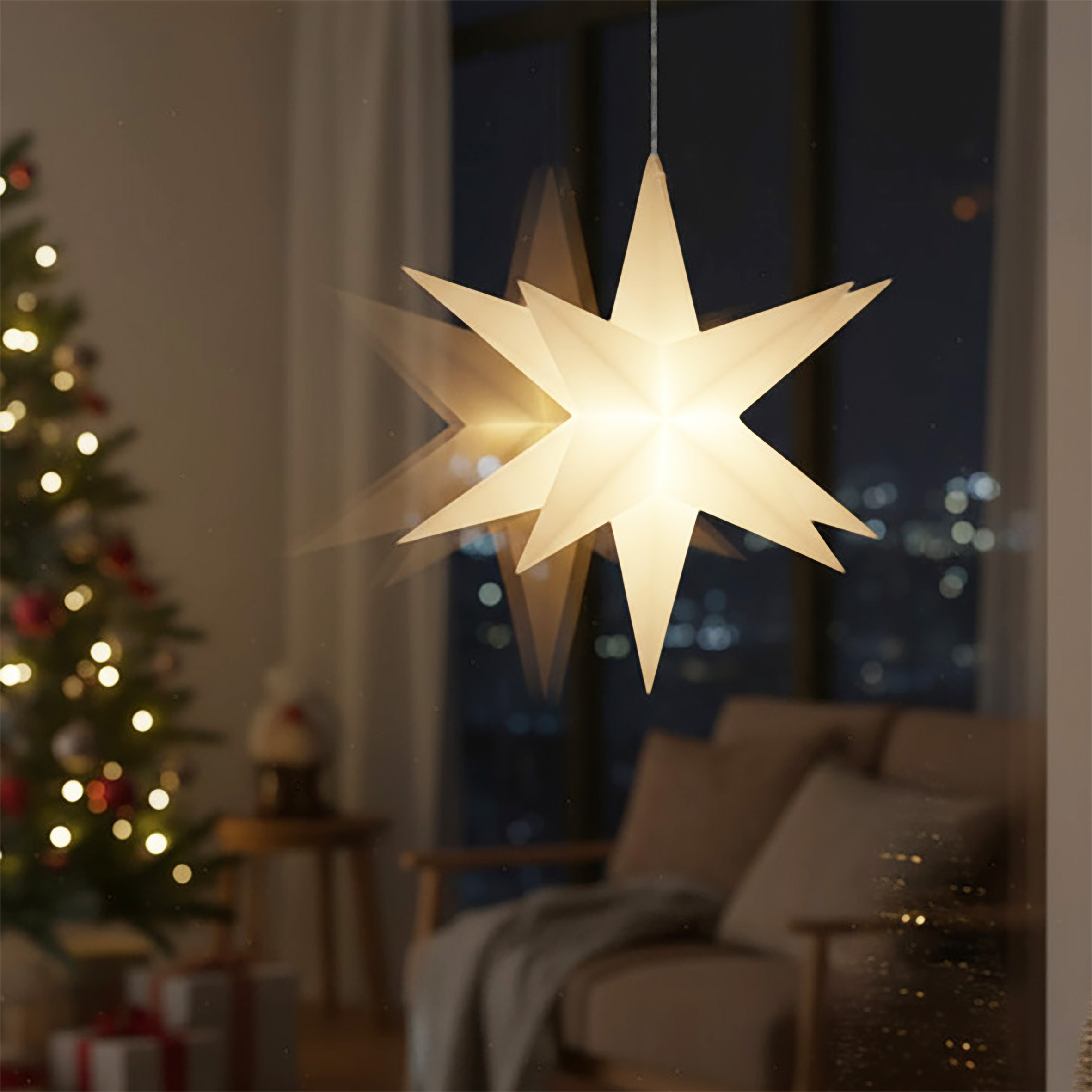 3D Weihnachtsstern 12 cm warm weiß Beleuchtet - weiß oder rot / 1 oder 3 Stück - LED Fenster Deko Leuchtstern mit Timer Batterie betrieben