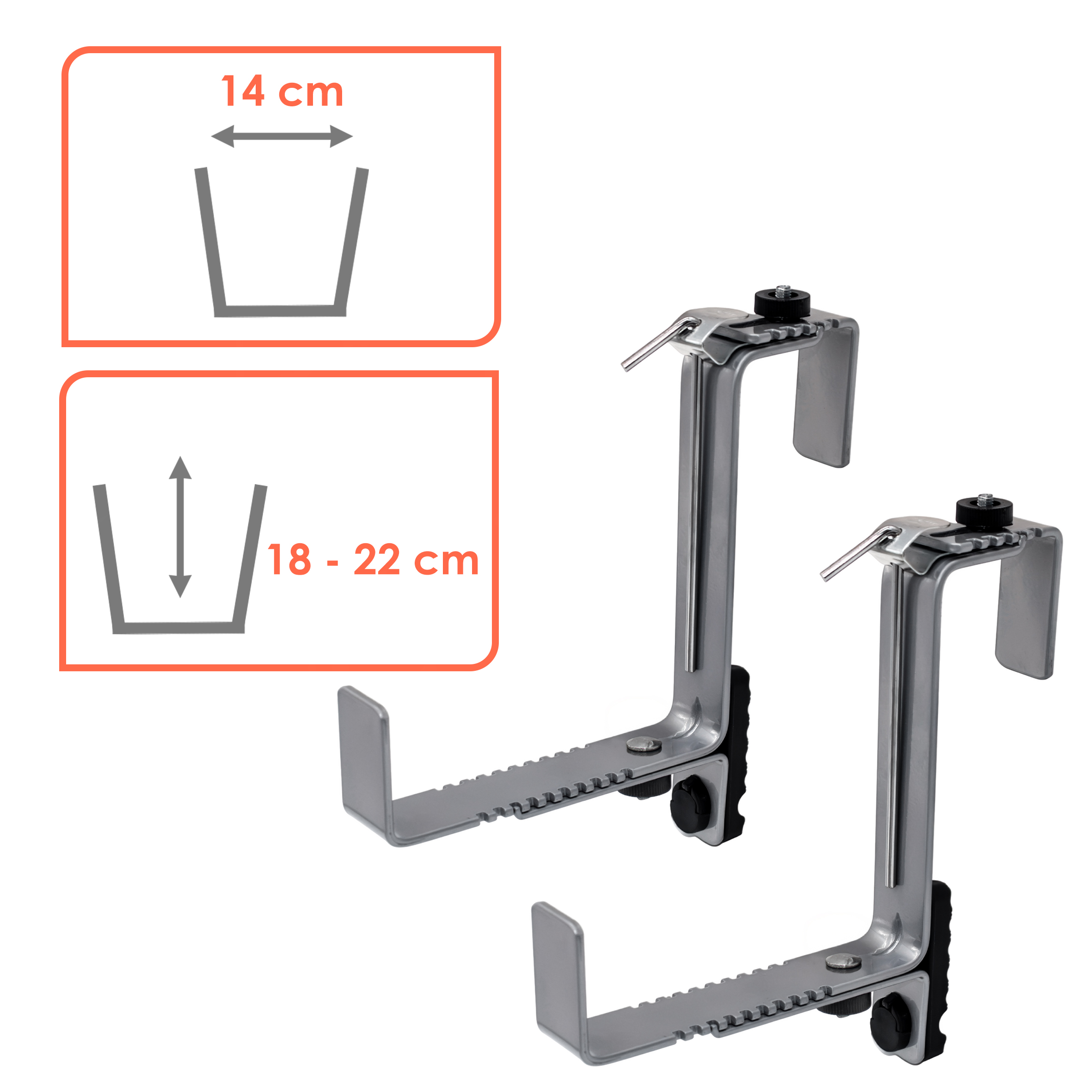 Blumenkasten Halter 2er Set bis 50 kg individuell verstellbar - hellgrau - Metall Halterung für eckige Balkongeländer von 4-7 cm