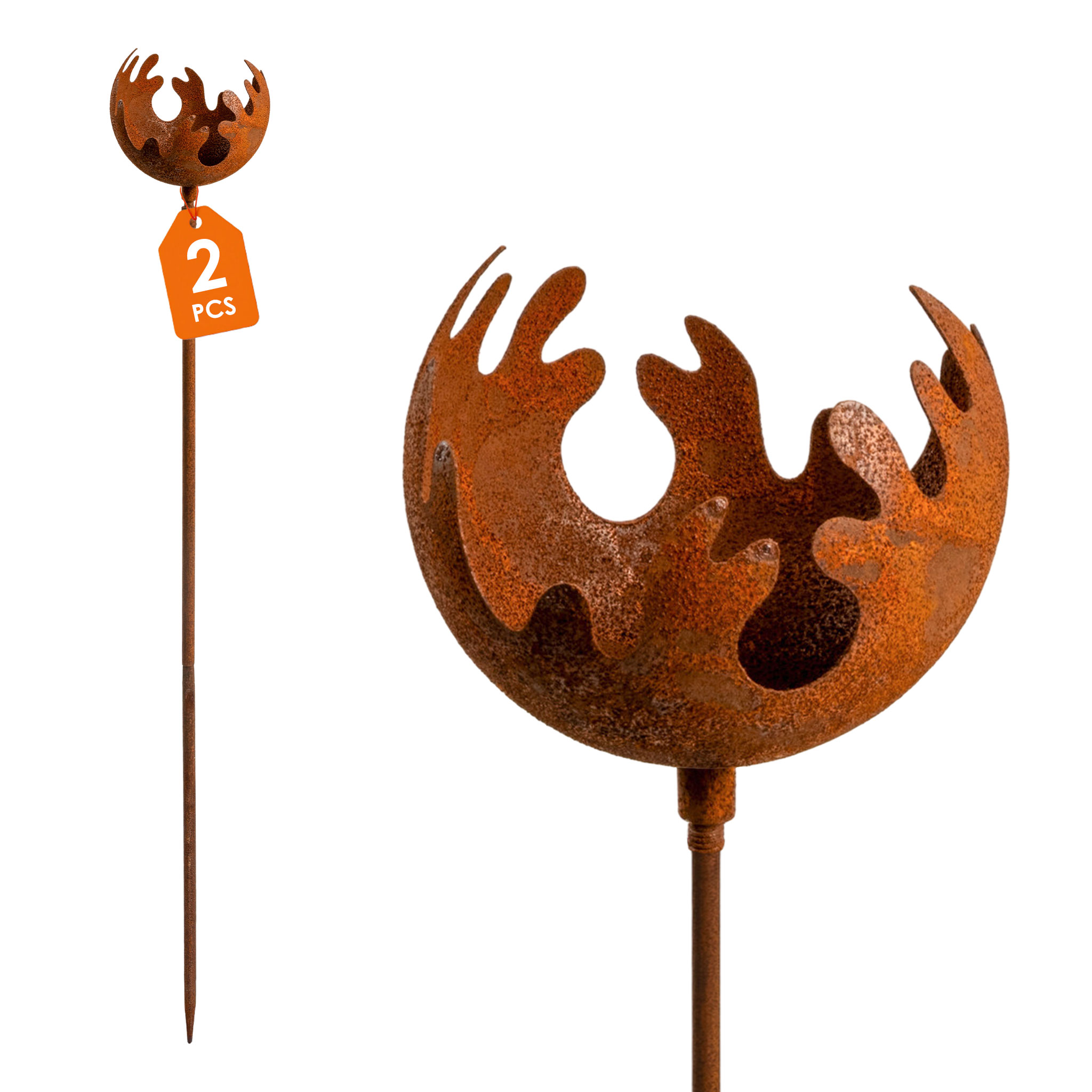 Metall Gartenstecker Naturrost Feuerball - 2 Größen / einzeln oder im 2er Set - Rost Windlicht mit Erdspieß