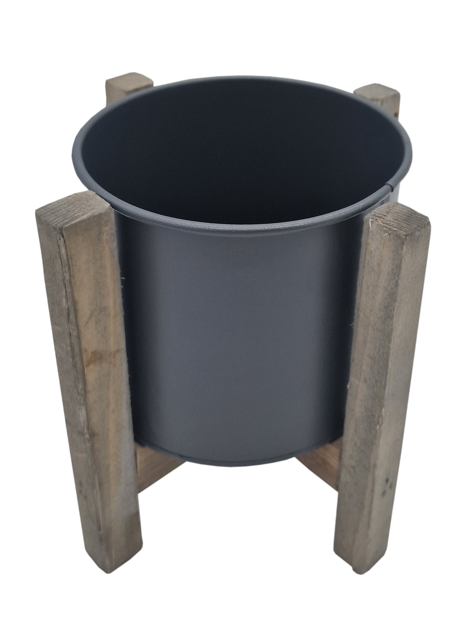 Metall Pflanztopf grau mit Holz Ständer - 20 cm