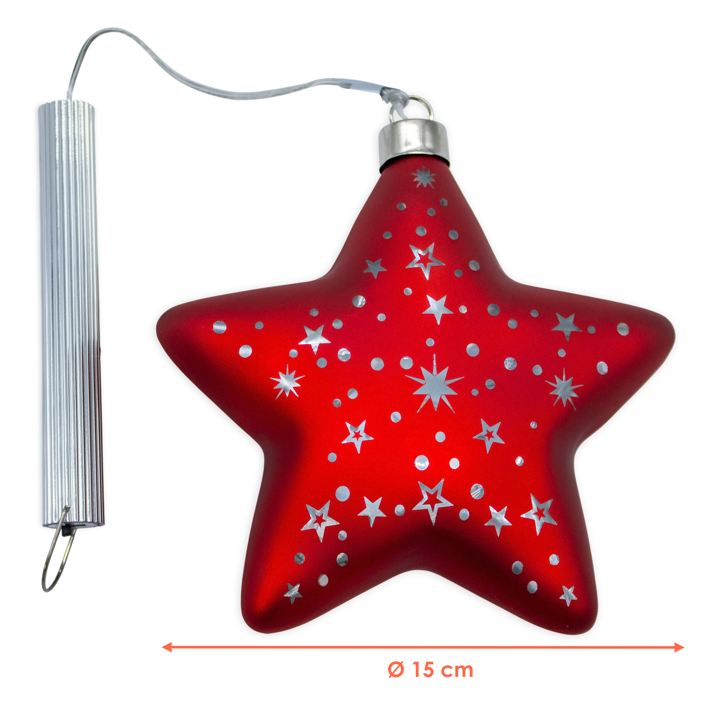 Glas Weihnachtsstern rot zum Hängen mit 10 LED beleuchtet - 15 cm - Deko Stern Leuchte warm weiß Batterie betrieben