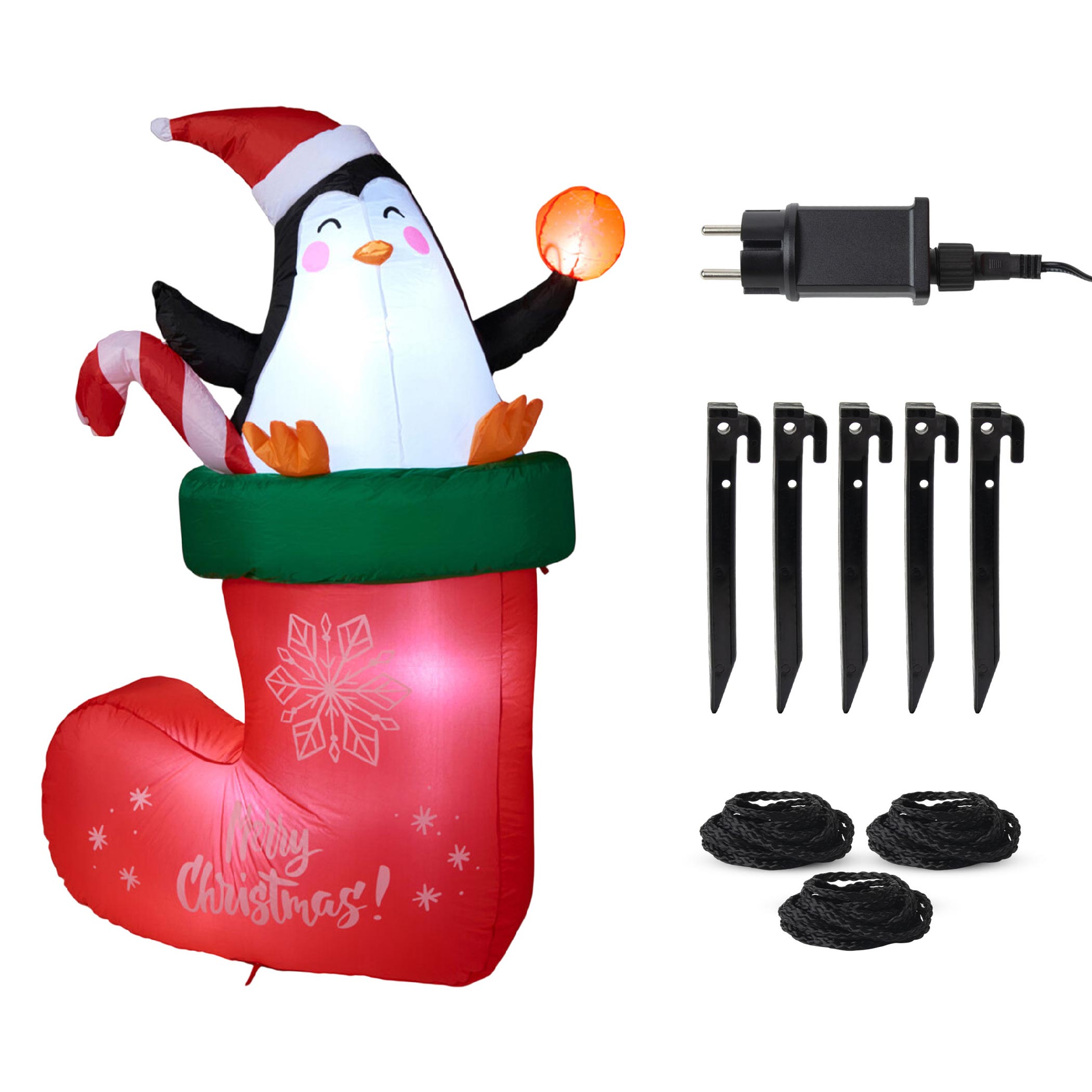 Aufblasbarer XL Nikolaus Stiefel mit LED Beleuchtung - 178 x 110 cm - Riesen Weihnachts Socke mit Pinguin selbstaufblasend mit bunten LEDs für Außen und Innen