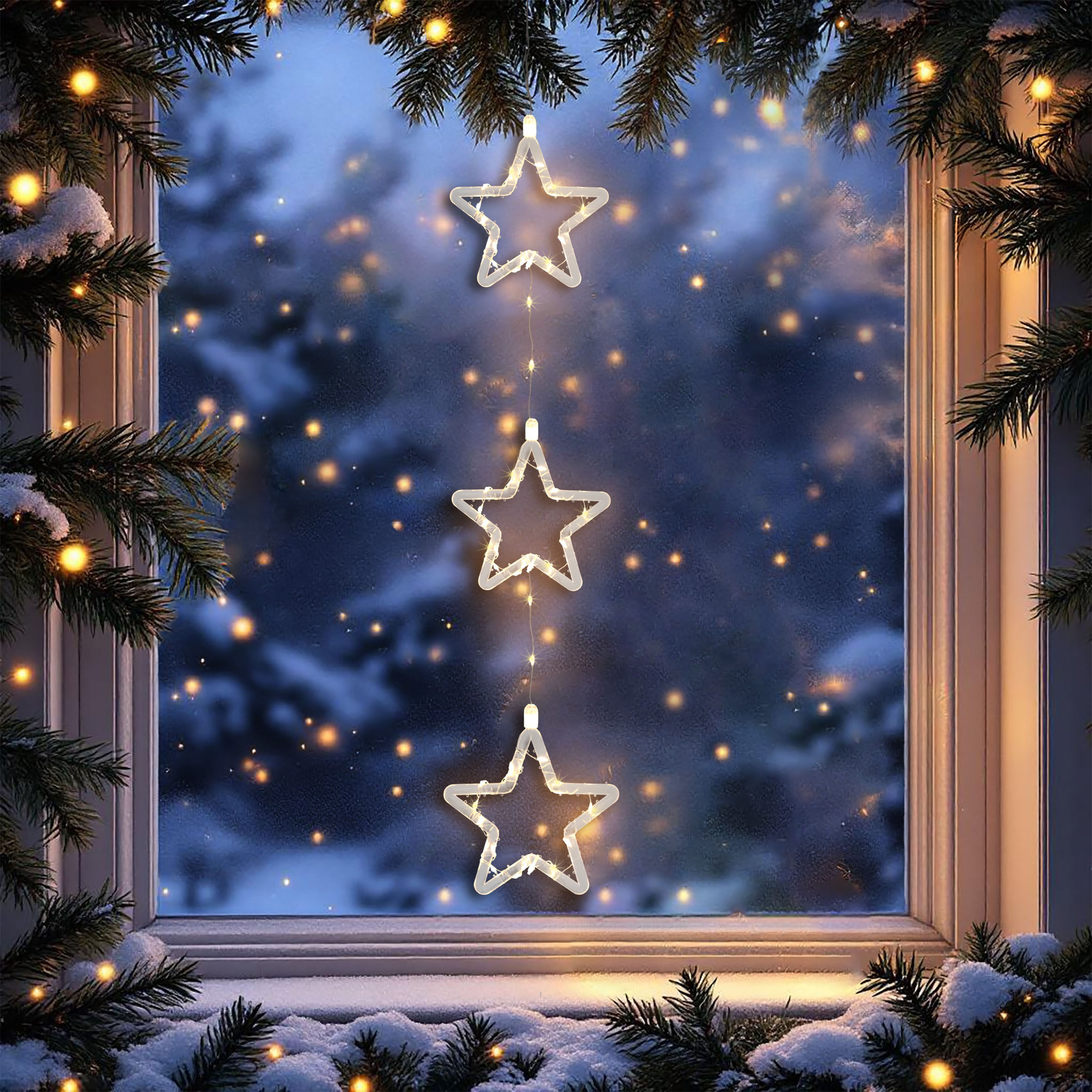 LED Weihnachtsdeko für Außen 3 Sterne mit Timer - 58 cm - Leuchstern Fensterdeko warm weiß Batterie betrieben