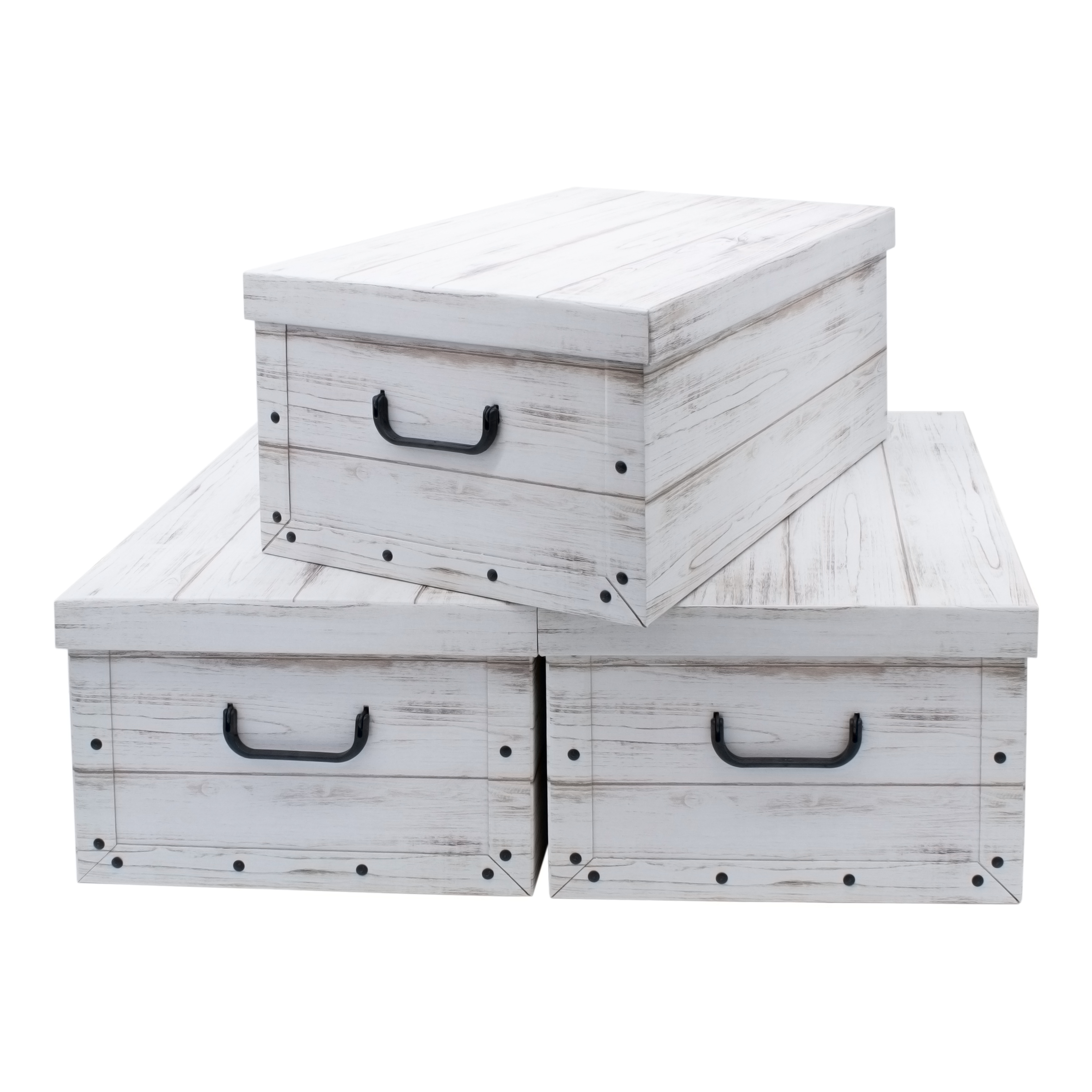 3er Set Aufbewahrungsbox mit Deckel 51 x 37 cm - Holzoptik weiß - Stapelbox aus Pappe mit Griffen 45 Liter