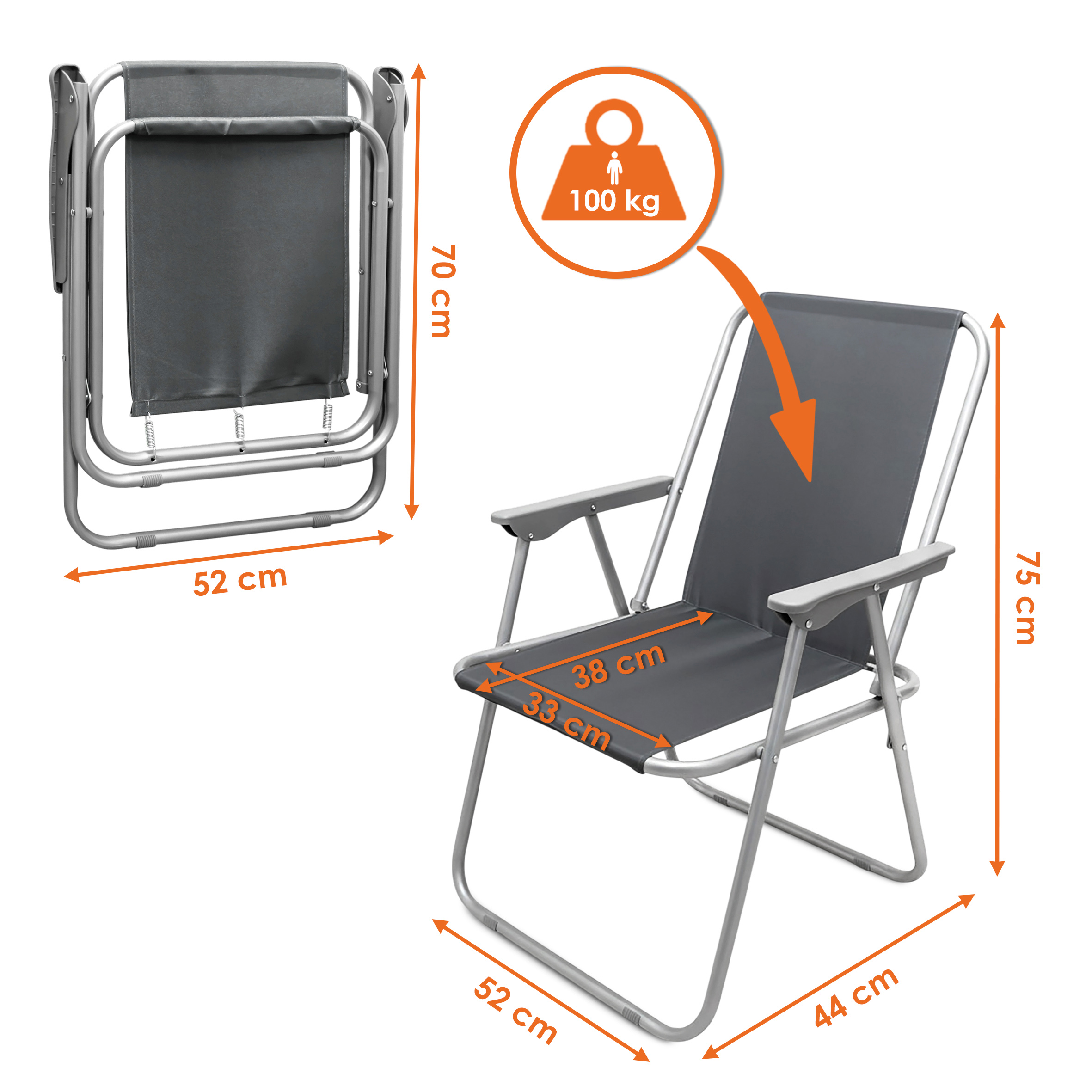 Camping Klappstuhl mit Armlehnen belastbar bis 100 kg - grau - Leichter und Kompakter Outdoor Stuhl für Camping und Garten