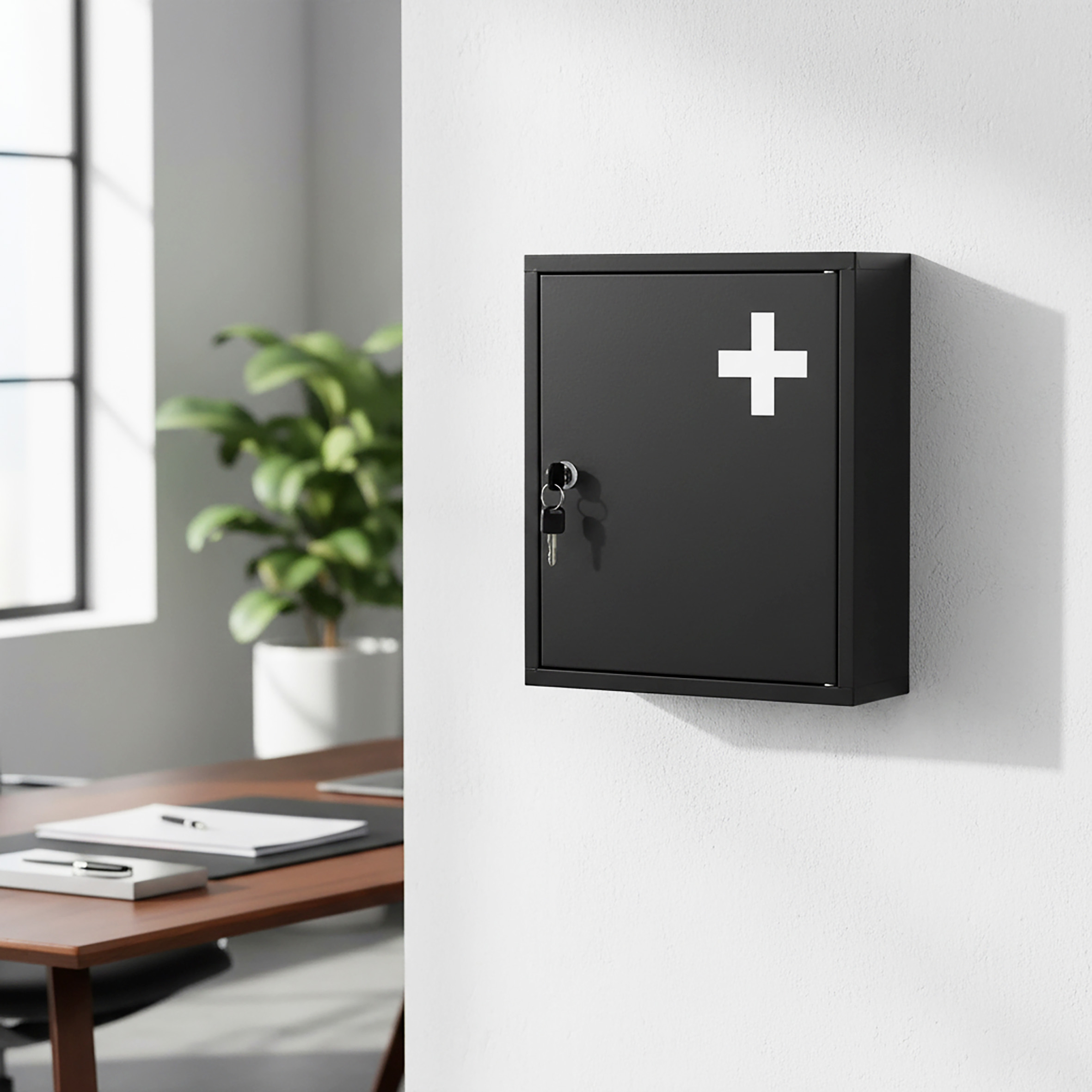 Metall Medizinschrank schwarz abschließbar 2 Fächer - 36 x 31 cm - Arzneischrank für Wandmontage inklusive 2 Schlüssel