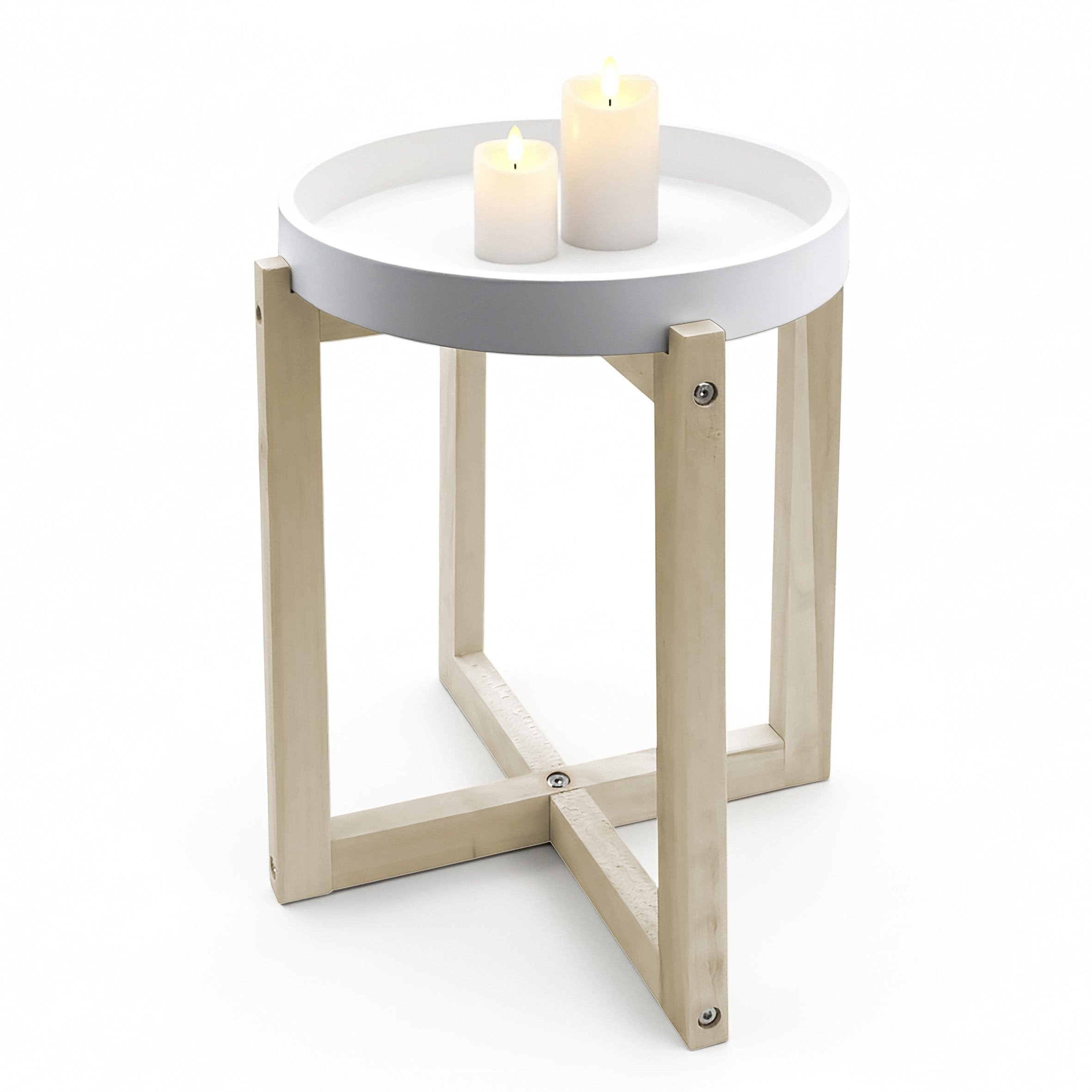 Holz Beistelltisch rund mit Tischplatte im Tablett Design 30 cm - weiß - Deko Blumentisch mit naturbelassenem X-Gestell
