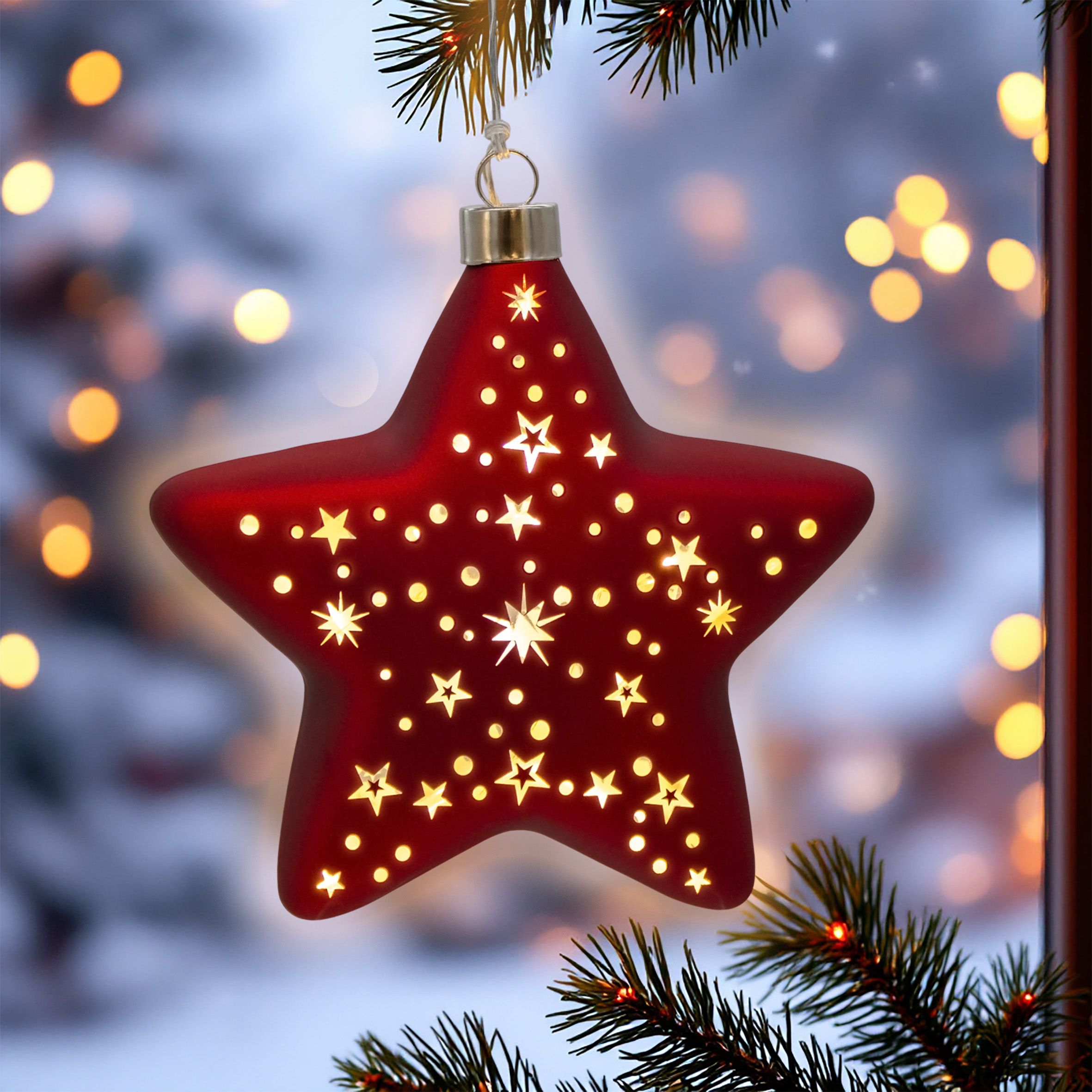 Glas Weihnachtsstern rot zum Hängen mit 10 LED beleuchtet - 15 cm - Deko Stern Leuchte warm weiß Batterie betrieben