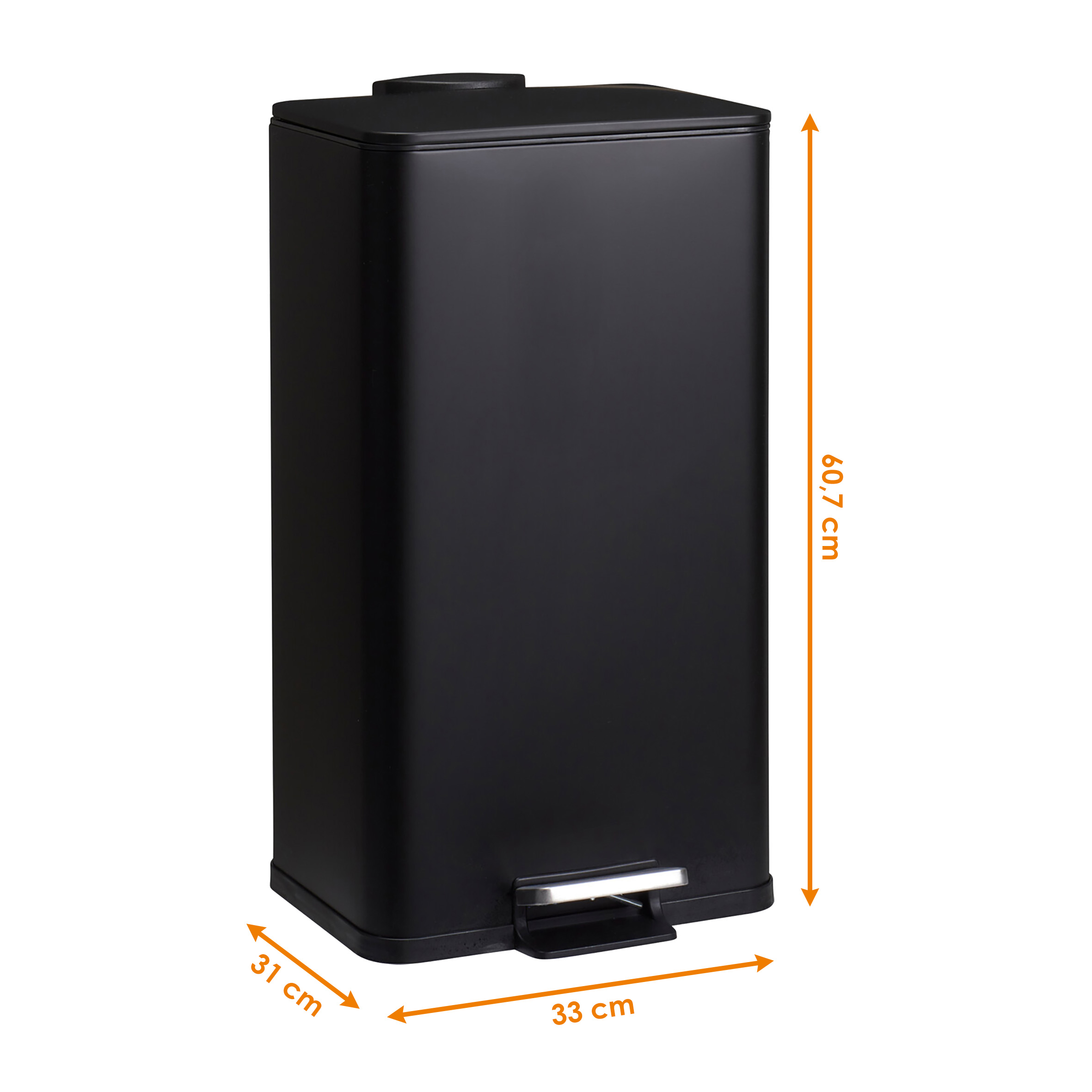 Edelstahl Tretmülleimer eckig schwarz matt 61 x 33 cm mit Deckel - 30 L - Metall Mülleimer mit Fußpedal und entnehmbarem Inneneimer