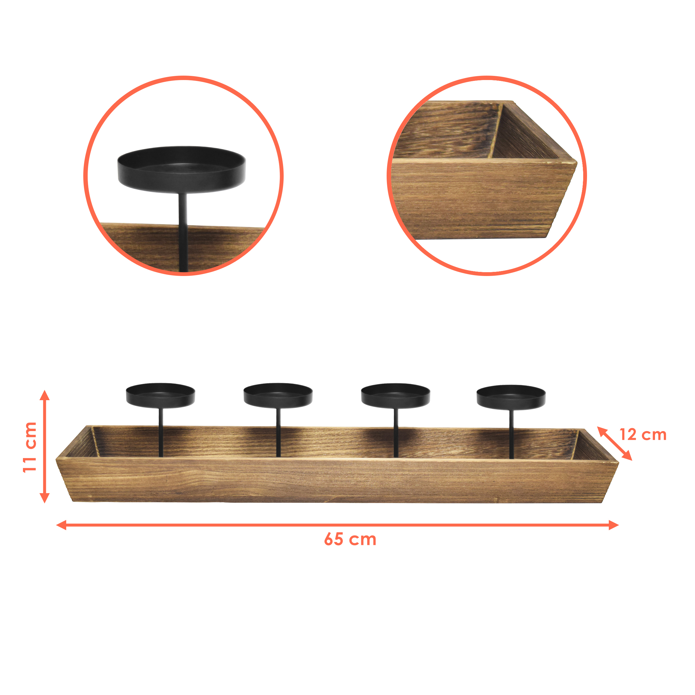 XL Holz Advents Kerzenleuchter mit 4 Kerzentellern - 56 x 12 cm - Weihnachts Kerzenständer mit integriertem Dekotablett
