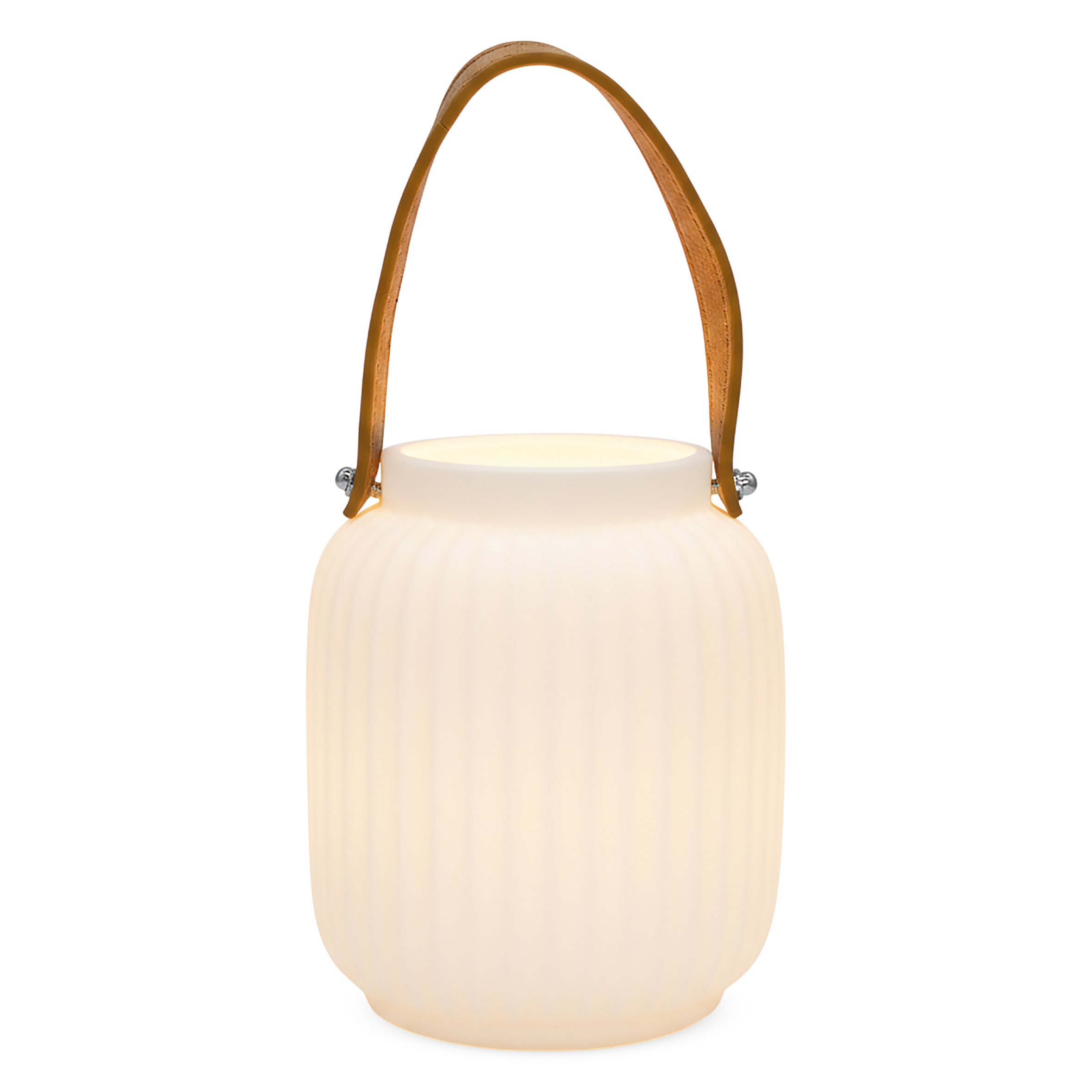 LED Keramik Laterne matt weiß mit Henkel in Leder Optik - 16 cm x 13 cm - Porzellan Windlicht warm weiß beleuchtet batteriebetrieben