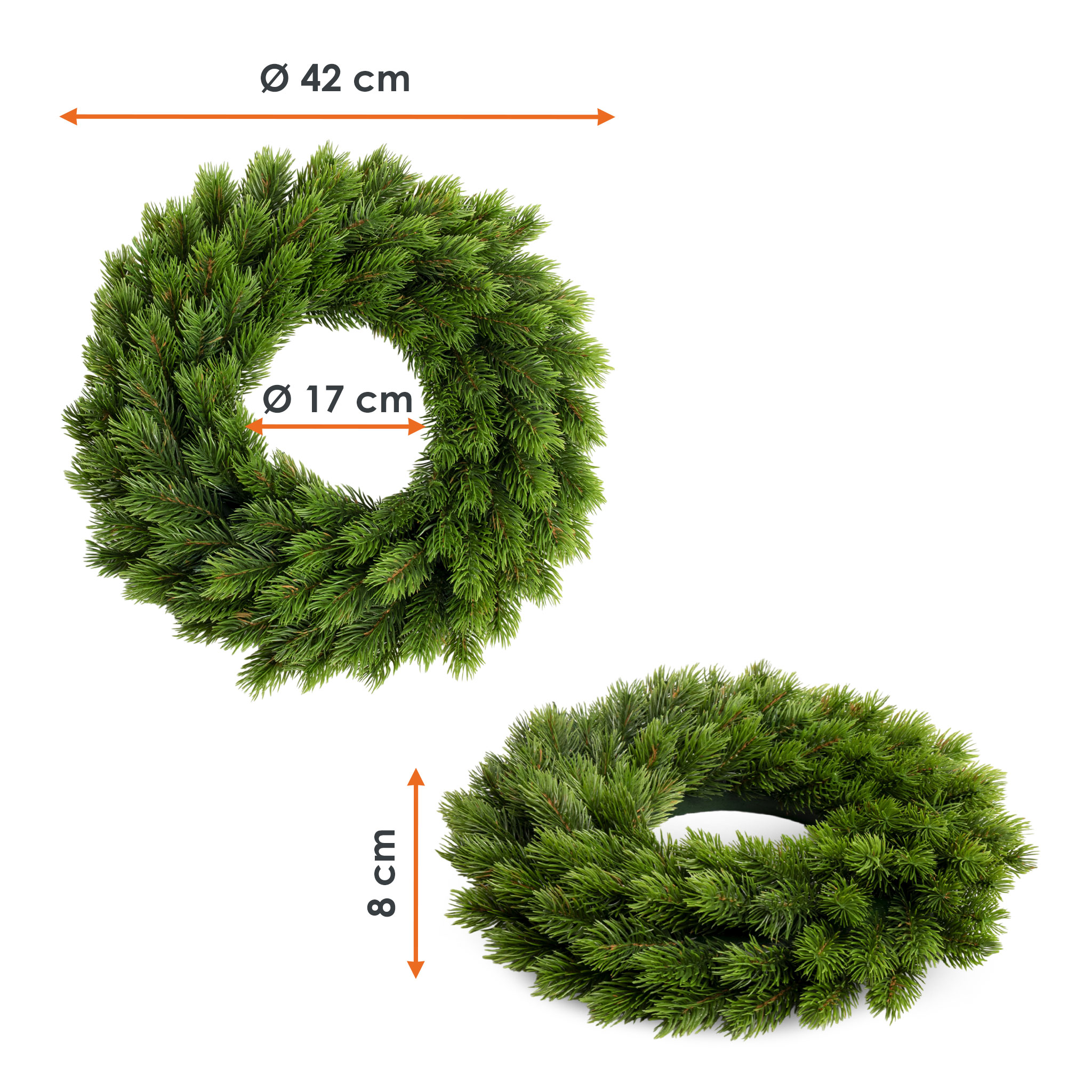 Künstlicher Spritzguss Tannenkranz halbgebunden auf Steckschaum - 42 cm - Weihnachts Türkranz mit naturgetreuen Kunst Tannenspitzen