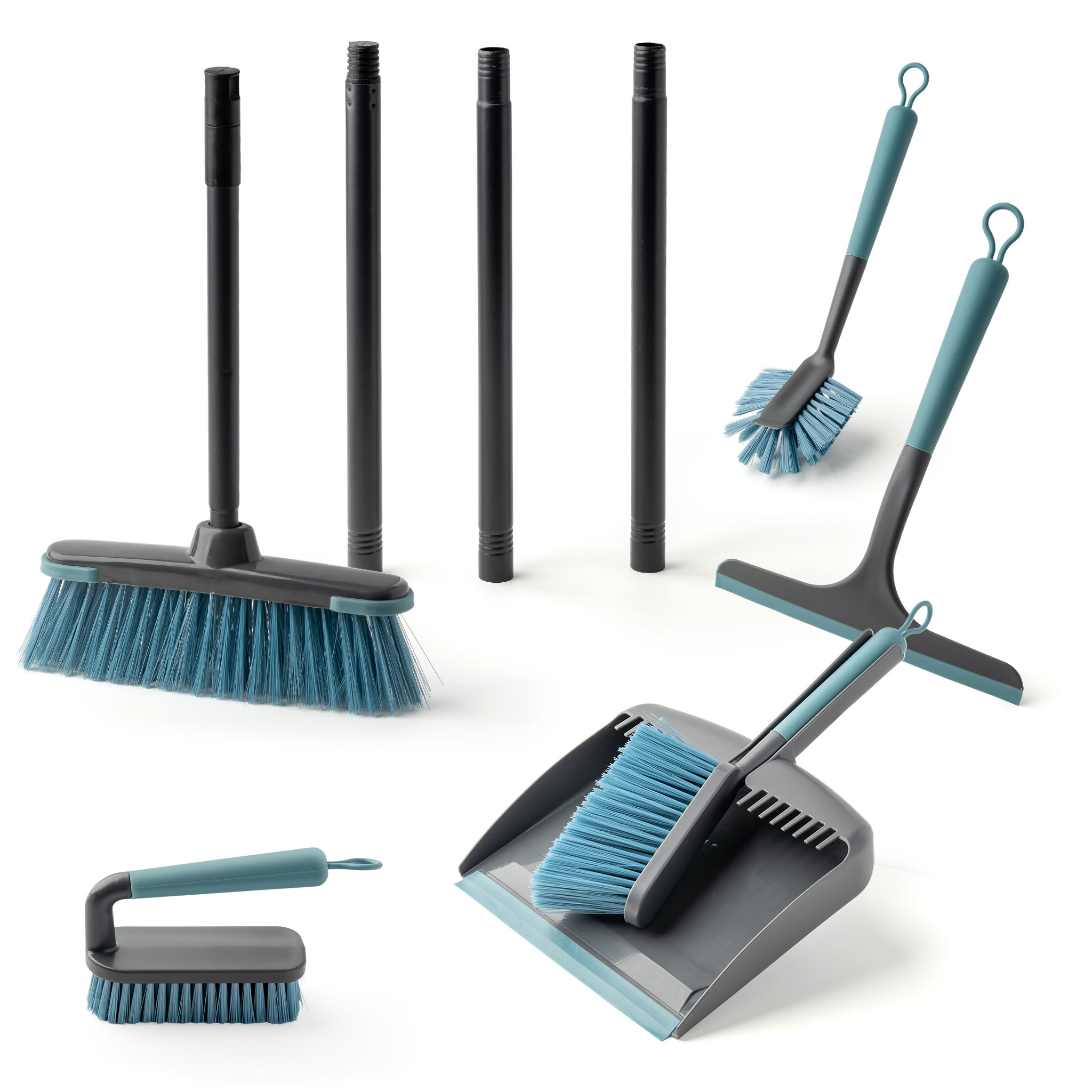 Reinigungsset mit Besen Kehrschaufel Spülbürsten und Flitsche - 6-teilig - Universal Kehrschaufel und Reinigungsbürsten Set