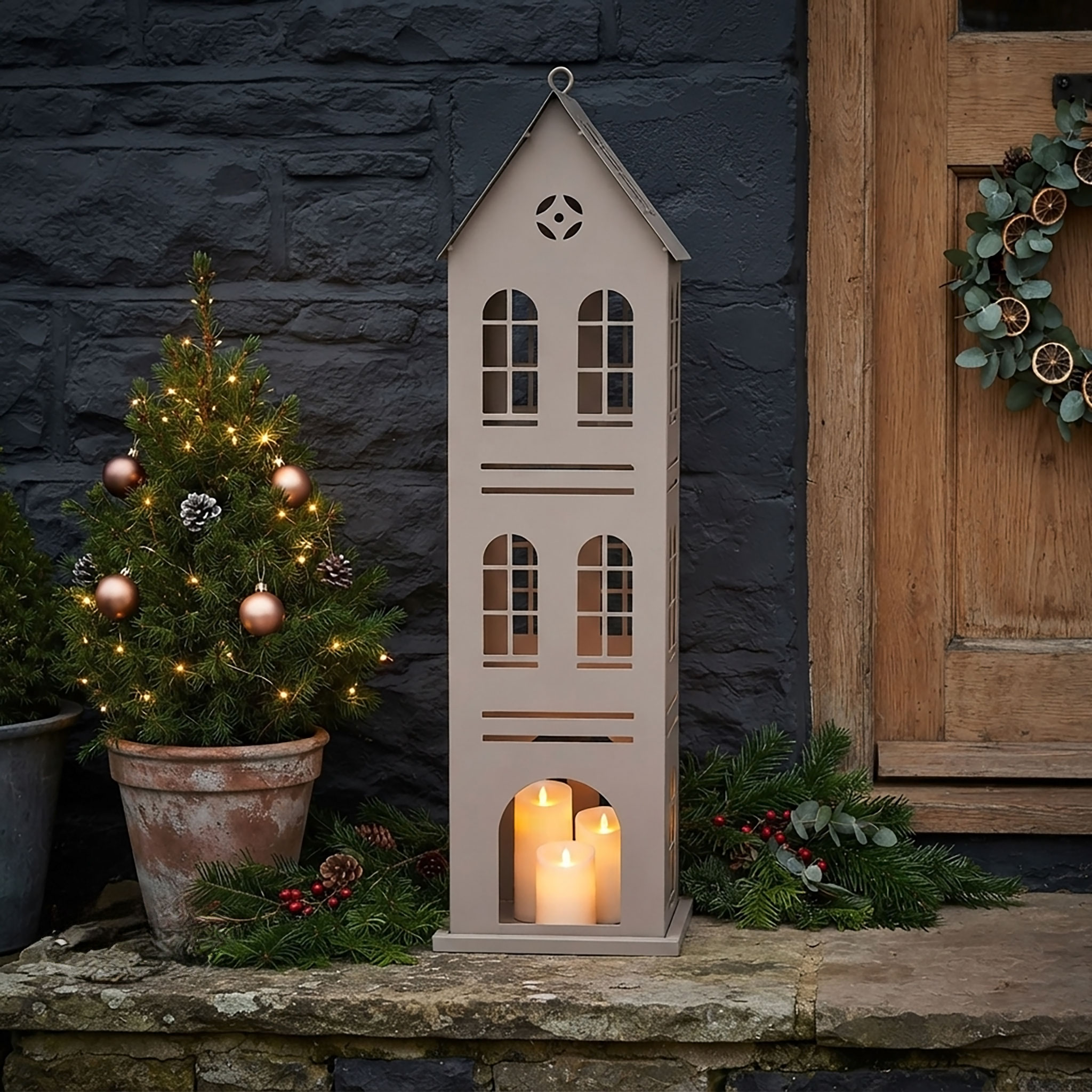 XL Metall Laterne Haus beige - 52 x 14 cm - Deko Windlicht zum Stellen oder Hängen