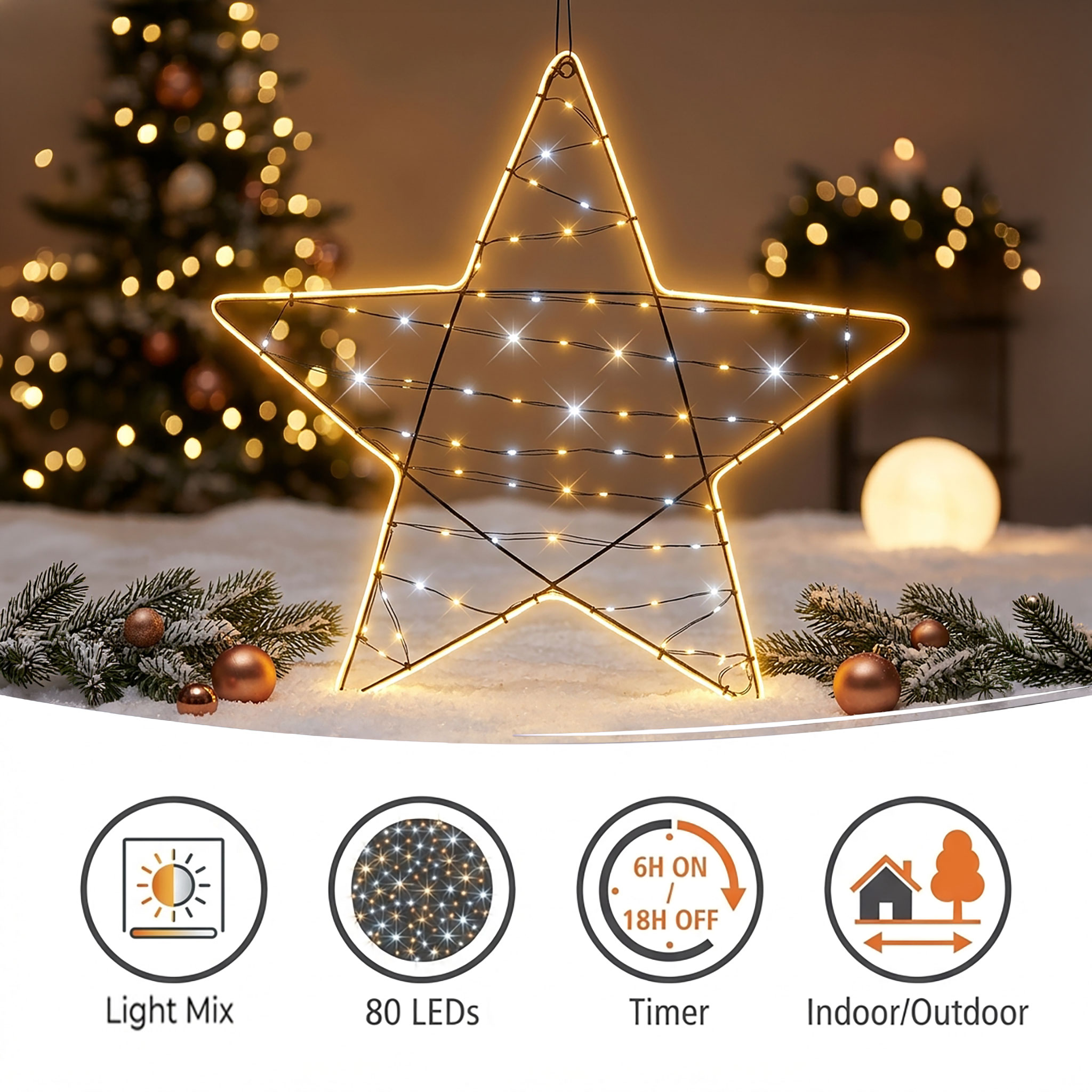 Metall Leuchtstern 80 LEDs mit Timer und Netzteil für Außen - 62 cm - Weihnachtsstern beleuchtet im warm & kalt weiß Mix mit LED Band