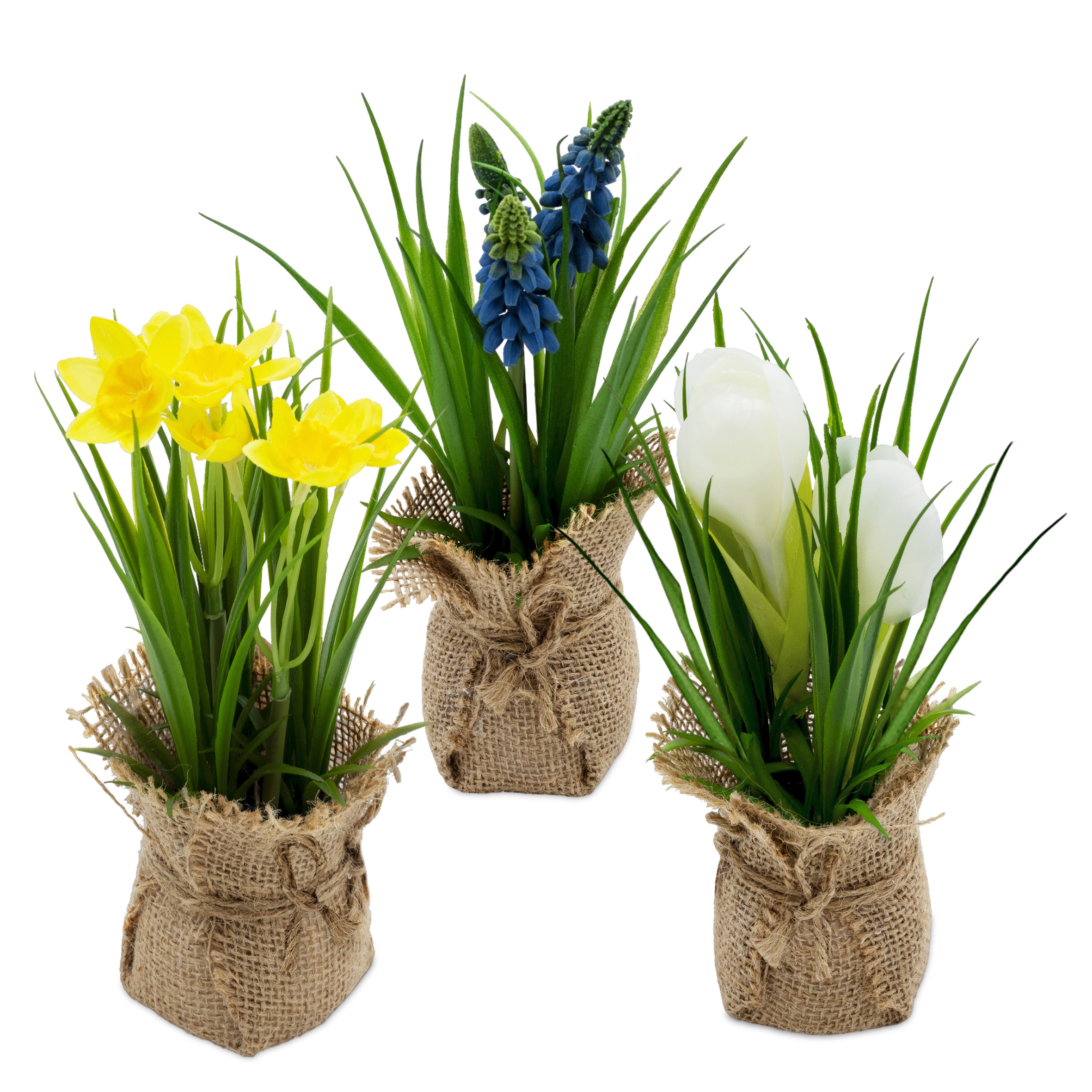 Frühlings Kunstblume im Jutesäckchen 19 cm - 3er Set
