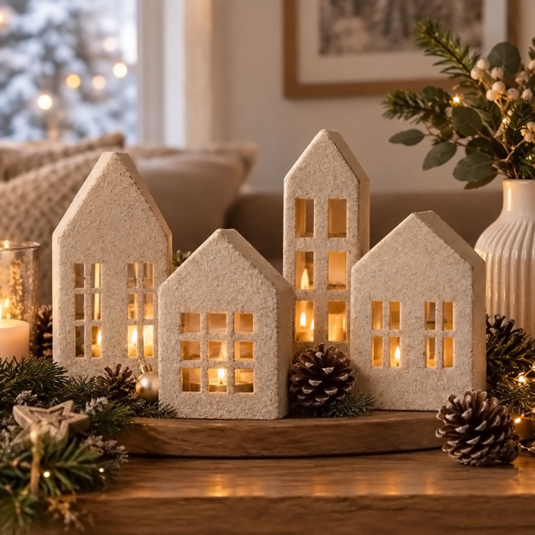 Metall Haus creme in Sandstein Optik 4er Set - 2x 15 cm | 2x 20 cm - Weihnachtsdorf Teelichthalter mit Sand Patina