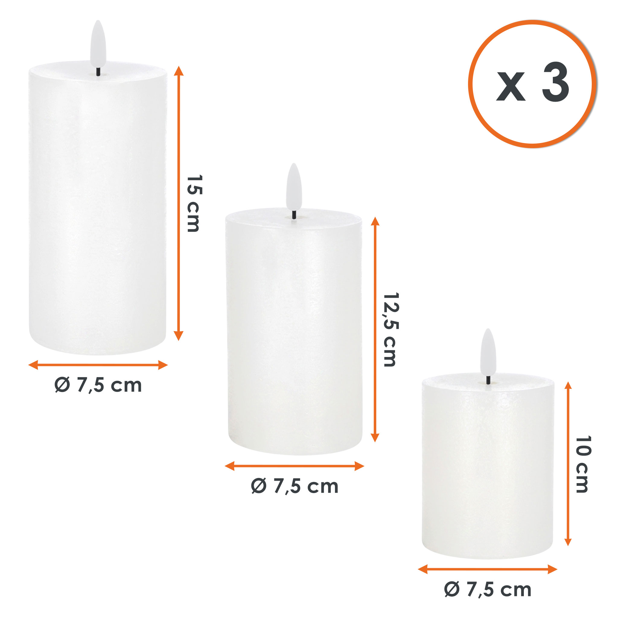 LED Echtwachs Kerze 3er Set wiederaufladbar mit Ladestation und Fernbedienung - 15 / 12 / 10 cm - Künstliche Stumpenkerze mit Flammen Effekt Akku betrieben