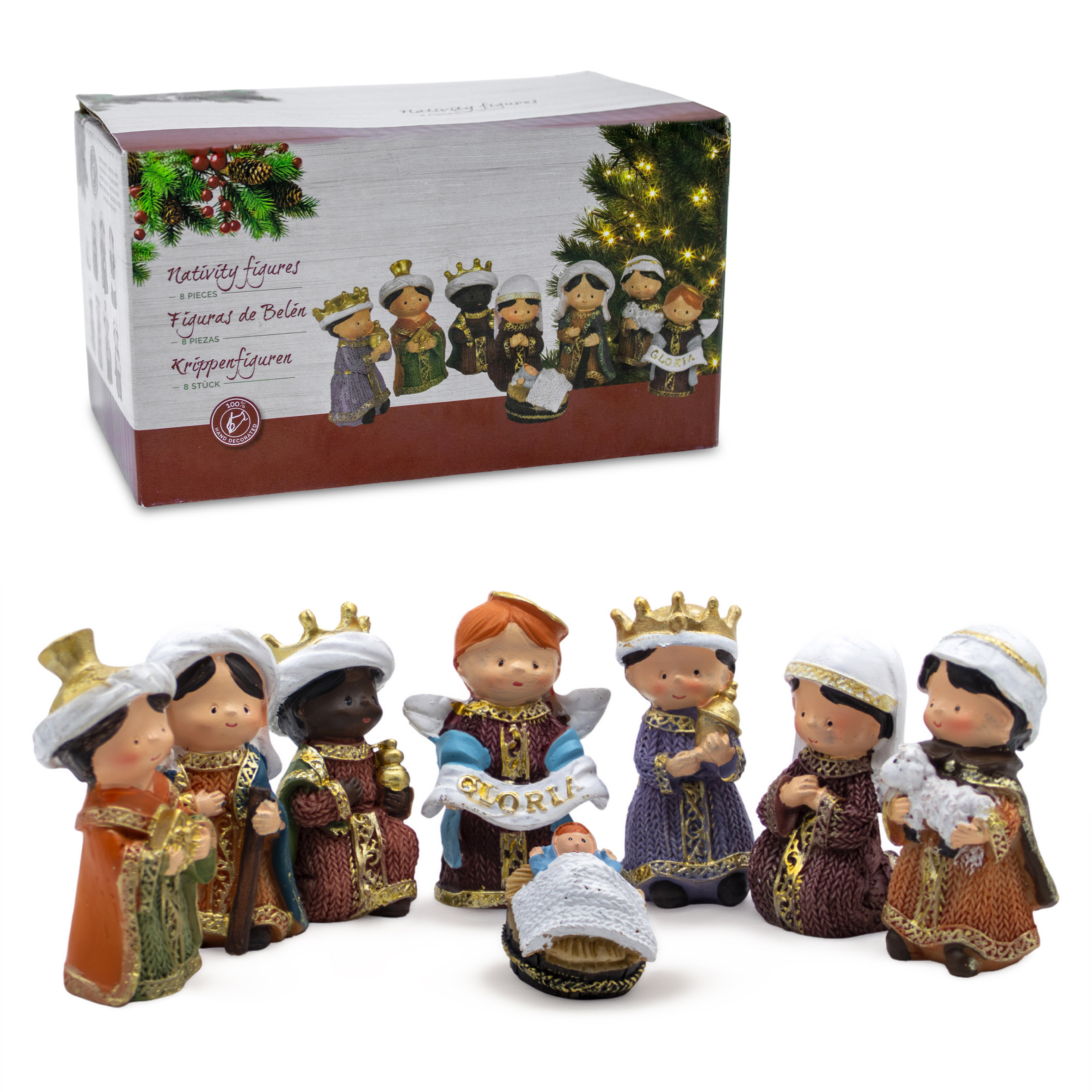 Weihnachts Krippenfiguren Set aus Kunststein handbemalt 8 cm - 8-teilig - Weihnachtskrippe Tischdeko Figuren aus Polyresin detailiert bemalt