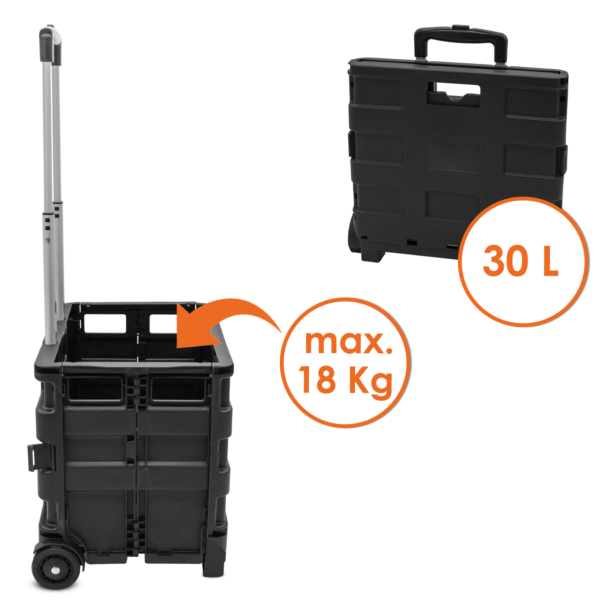 Einkaufstrolley schwarz klappbar mit Rollen bis 18 kg - 30 L - Einkaufskorb fahrbar mit Aluminium Teleskopgriff