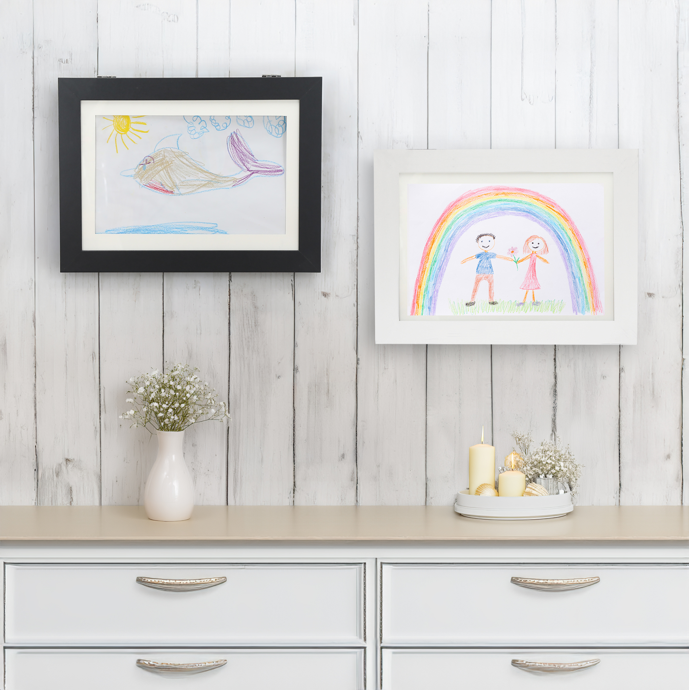 Holz Bilderrahmen für 50 Bilder in DIN A4 - weiß - Wechselrahmen für Kinderzeichnungen