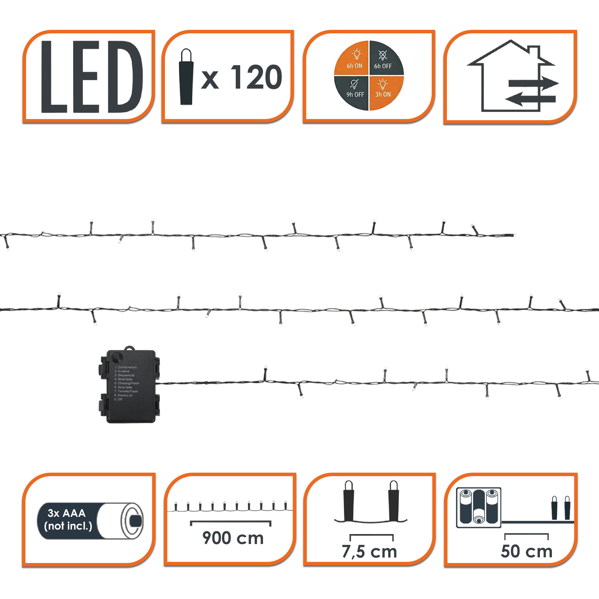 LED Lichterkette für Außen und Innen - 120 LED / 9 m - Deko Beleuchtung mit 8 Funktionen