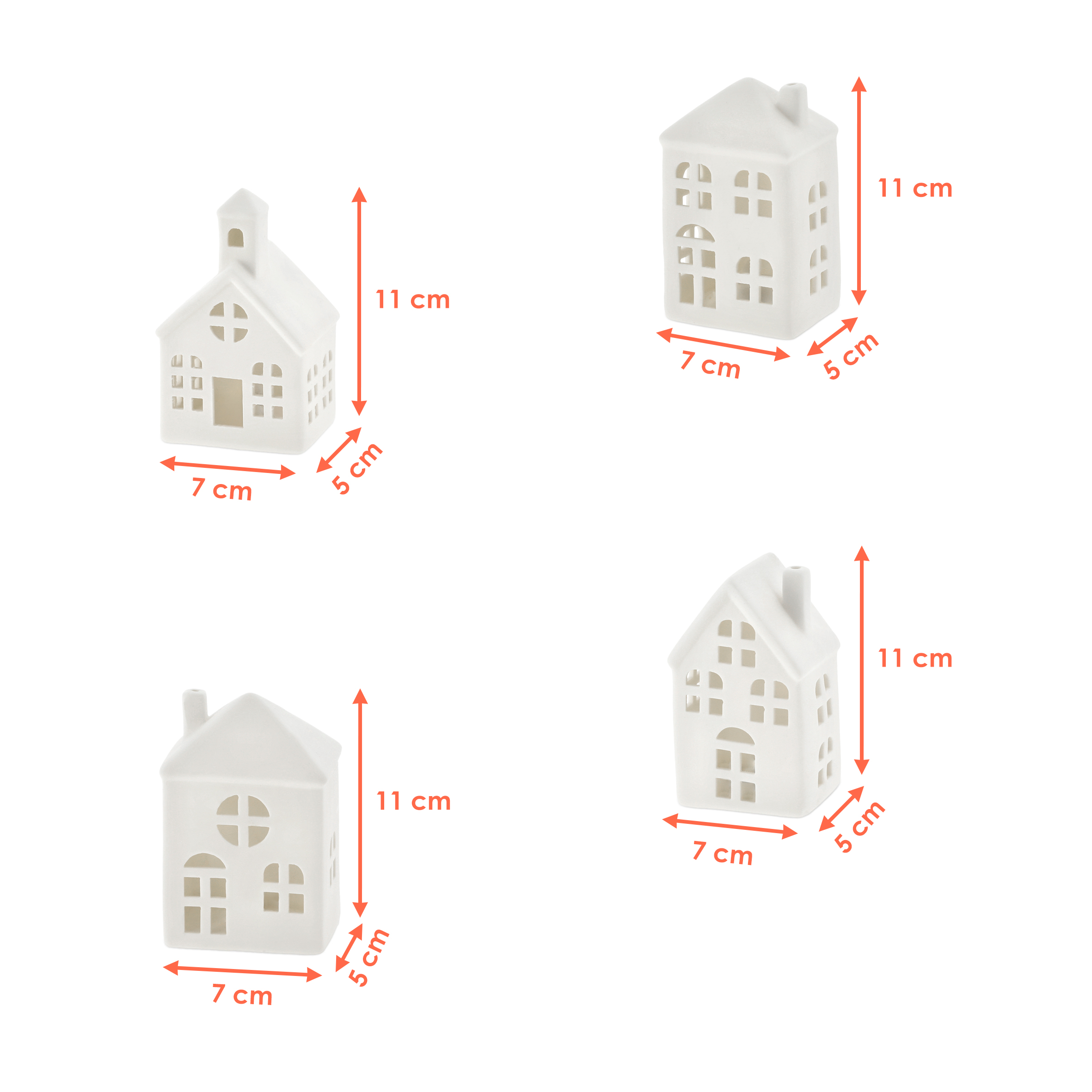 LED Keramik Haus weiß 11 cm - 4er Set - Deko Weihnachtsdorf mit Beleuchtung in warm weiß
