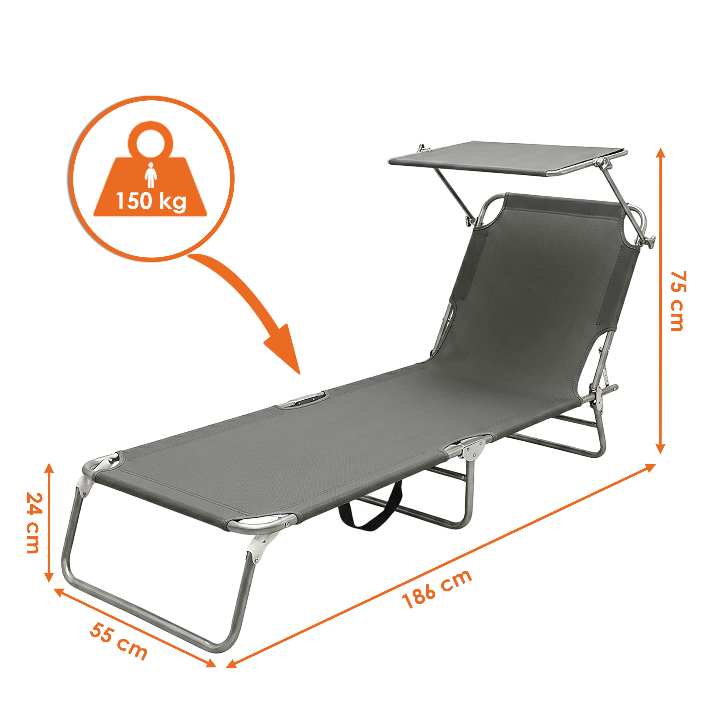 3-Bein Gartenliege klappbar mit Tragegurten - dunkelgrau oder schwarz / mit oder ohne Sonnendach - Relax Sonnenliege mit 4-fach verstellbarem Rückenteil